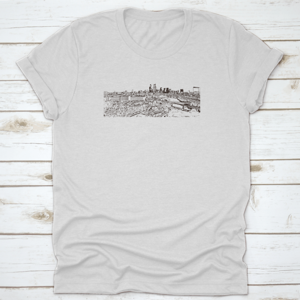 Hand-drawn sketch of Philadelphia skyline on a comfortable t-shirt, showcasing iconic buildings and cityscape.