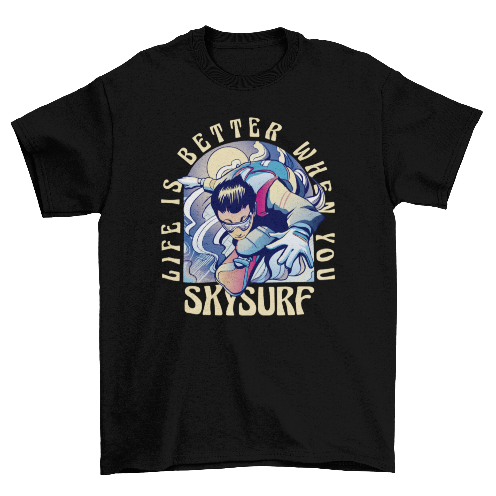 A vibrant skysurfing t-shirt featuring a character skysurfing with an inspiring quote.