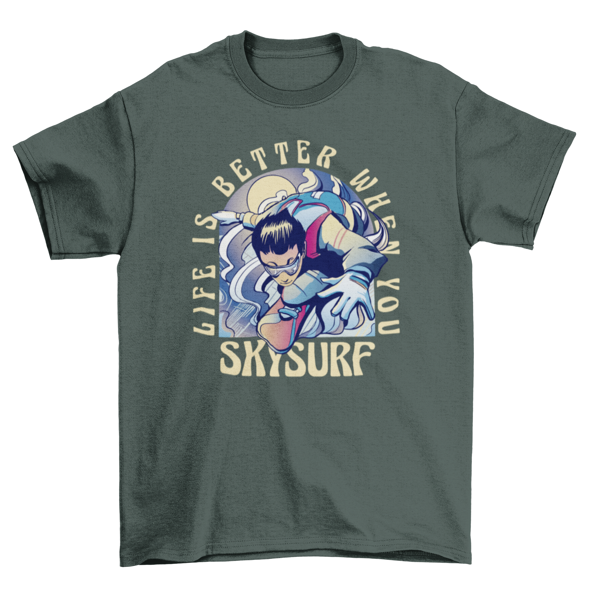 A vibrant skysurfing t-shirt featuring a character skysurfing with an inspiring quote.