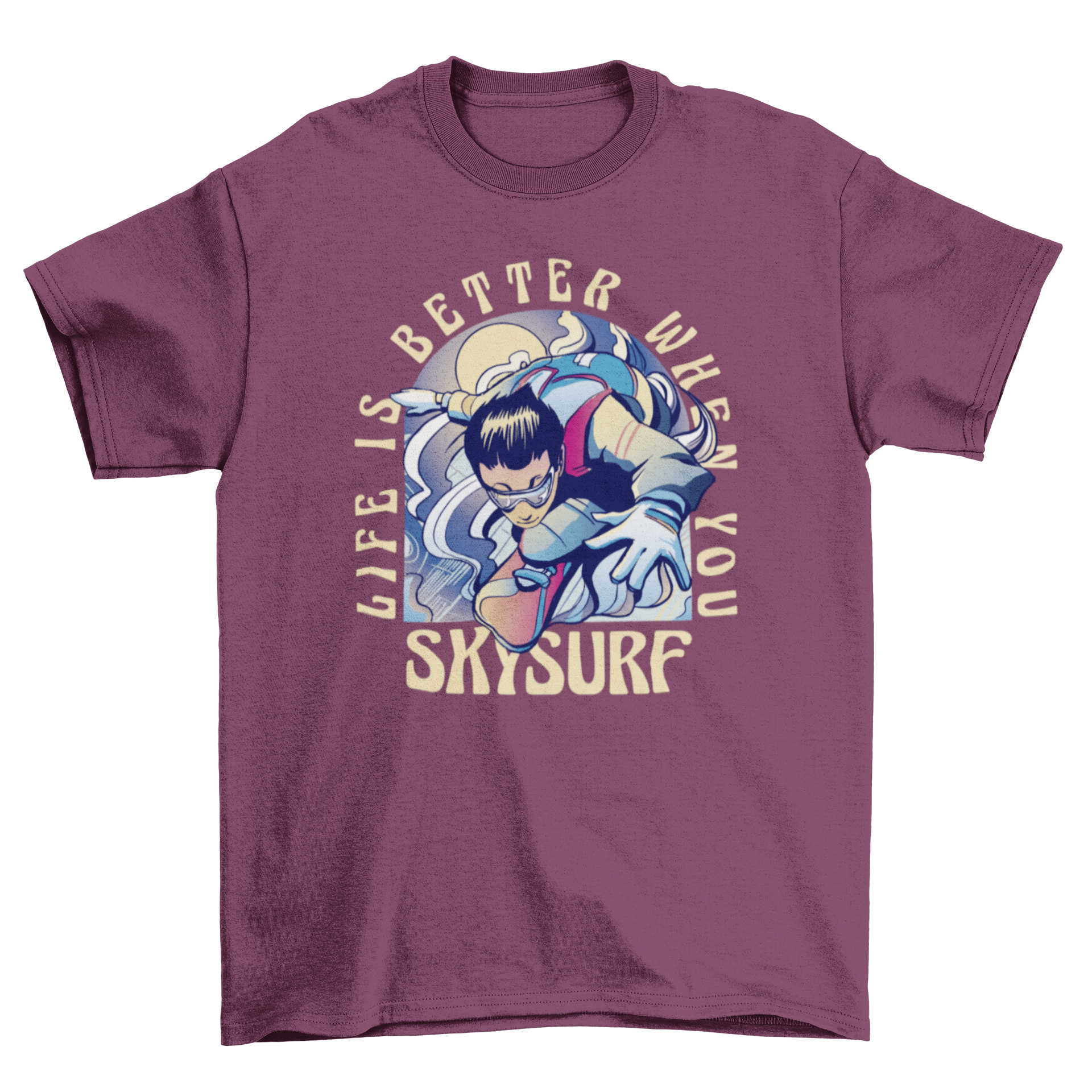 A vibrant skysurfing t-shirt featuring a character skysurfing with an inspiring quote.