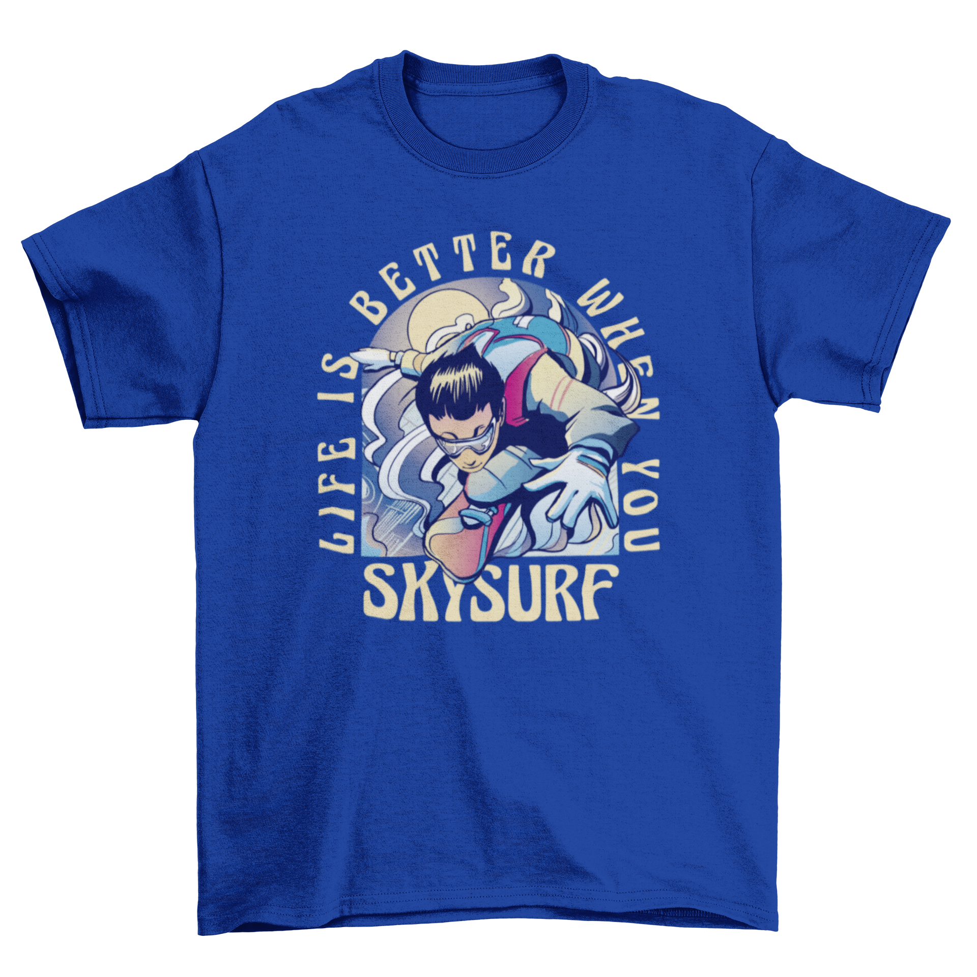 A vibrant skysurfing t-shirt featuring a character skysurfing with an inspiring quote.