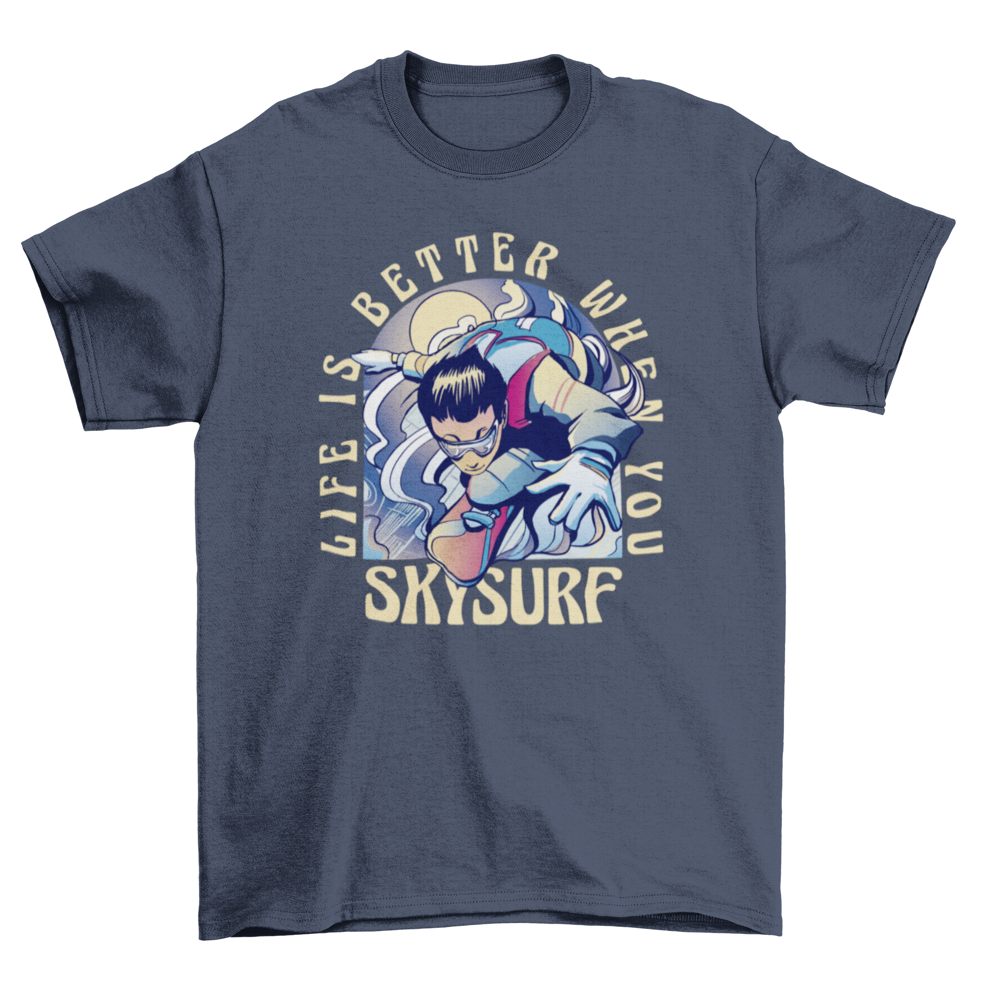 A vibrant skysurfing t-shirt featuring a character skysurfing with an inspiring quote.