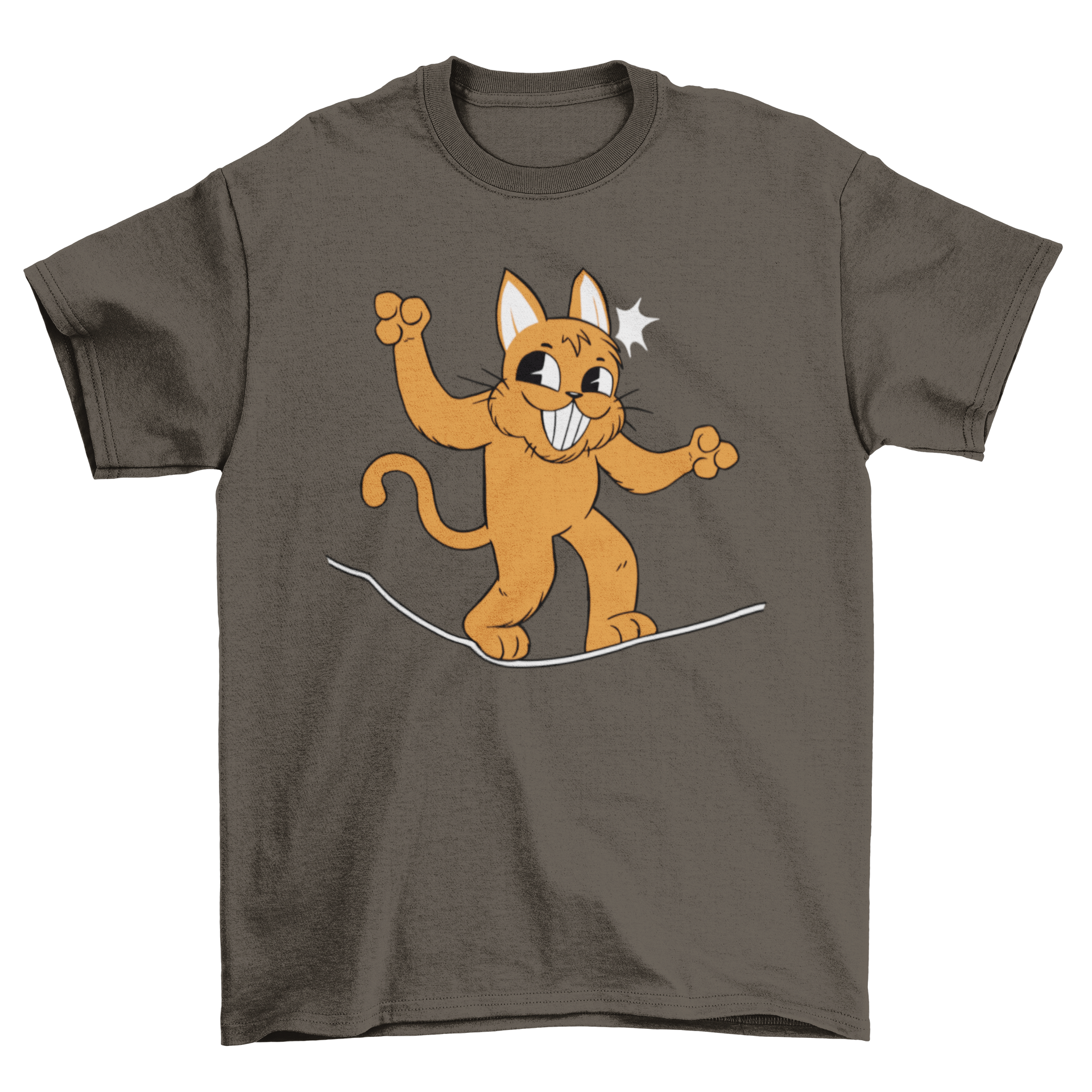 A playful t-shirt featuring a happy cat balancing on a slackline, showcasing a fun and unique design for cat lovers.