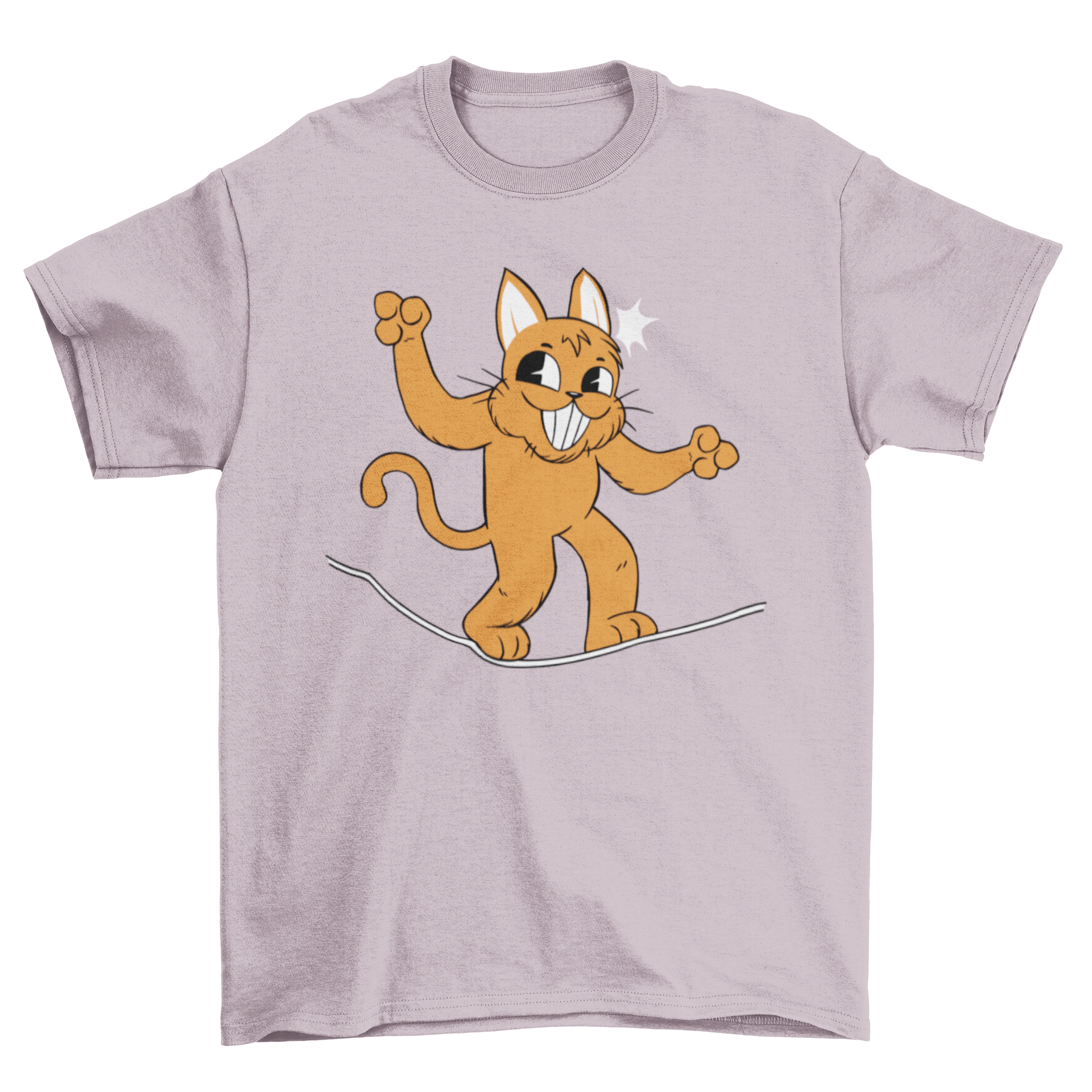 A playful t-shirt featuring a happy cat balancing on a slackline, showcasing a fun and unique design for cat lovers.