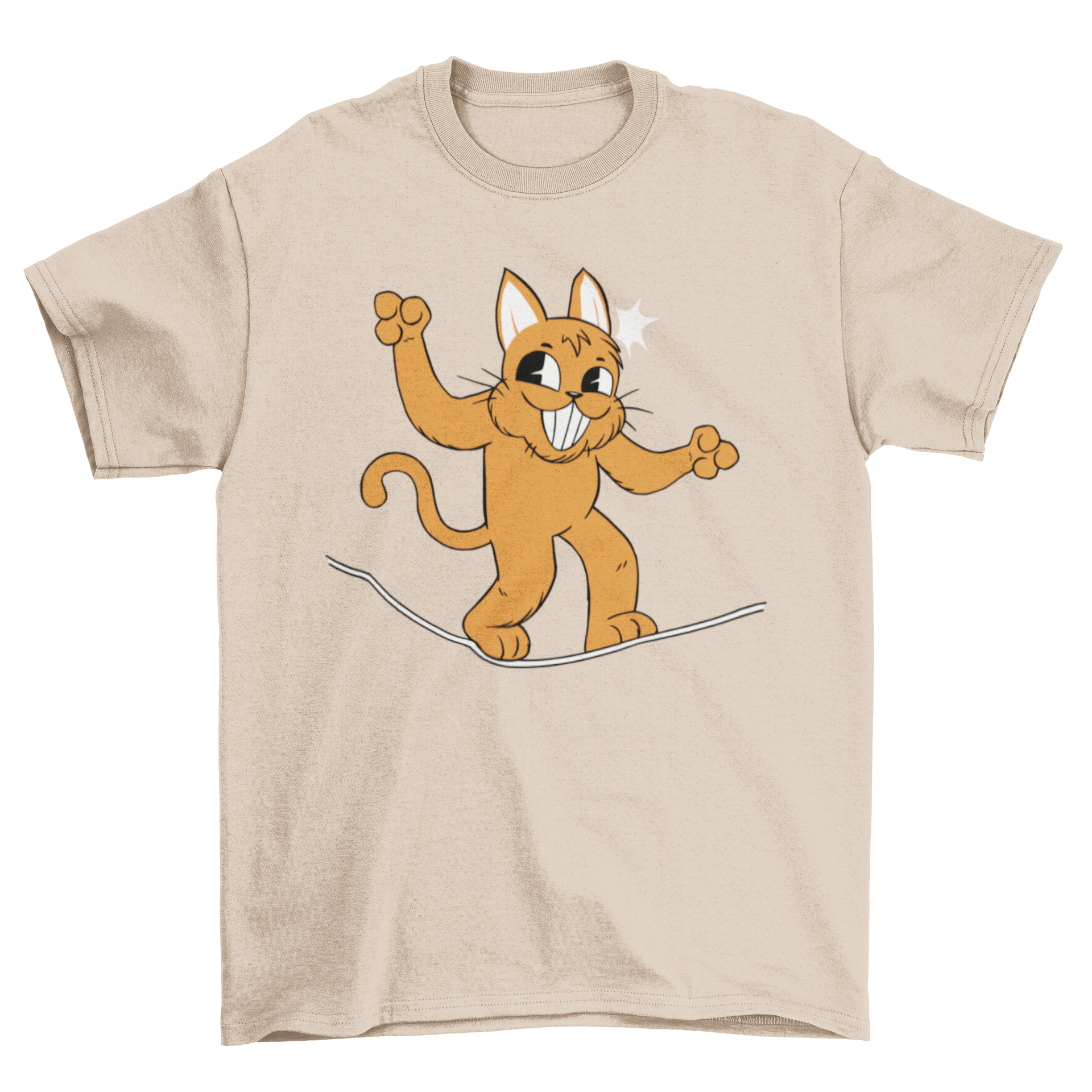 A playful t-shirt featuring a happy cat balancing on a slackline, showcasing a fun and unique design for cat lovers.