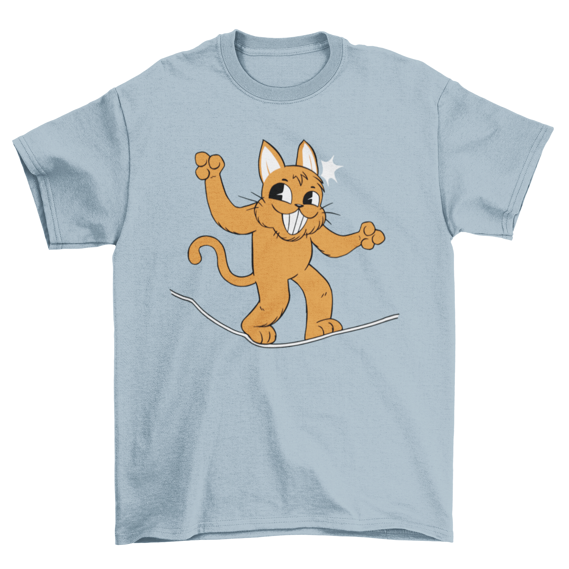 A playful t-shirt featuring a happy cat balancing on a slackline, showcasing a fun and unique design for cat lovers.