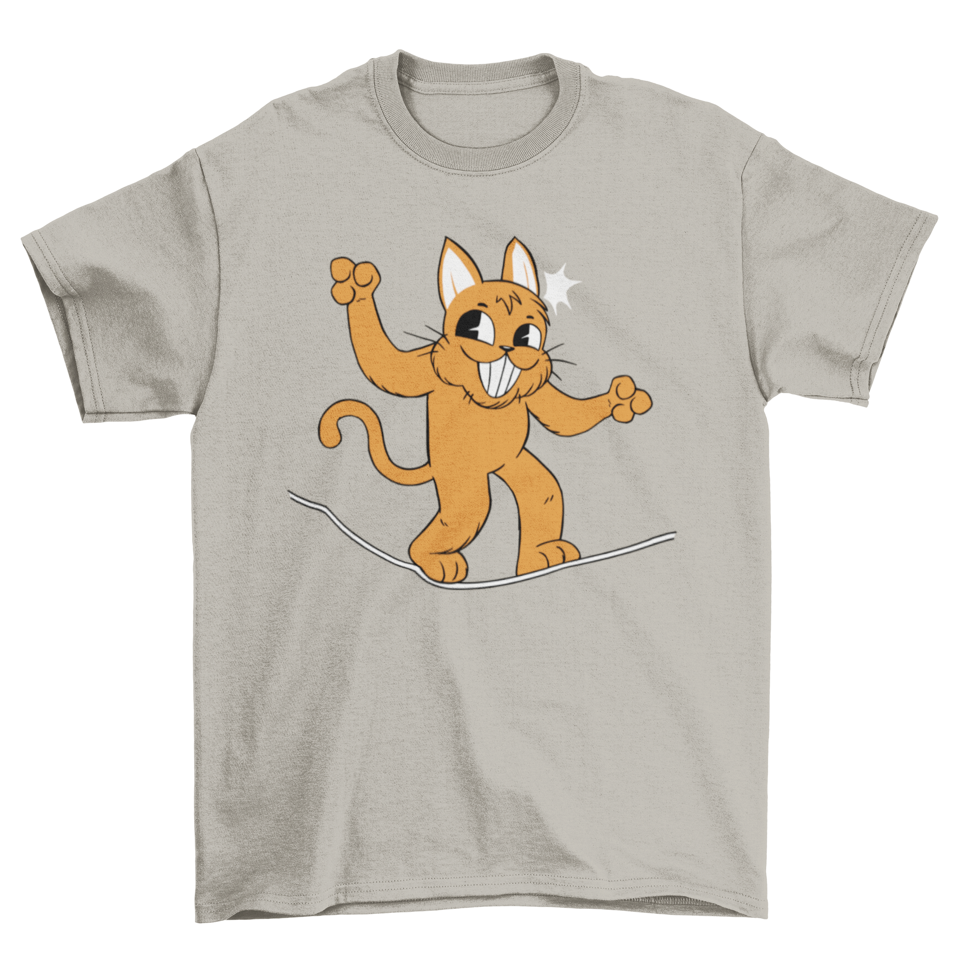 A playful t-shirt featuring a happy cat balancing on a slackline, showcasing a fun and unique design for cat lovers.