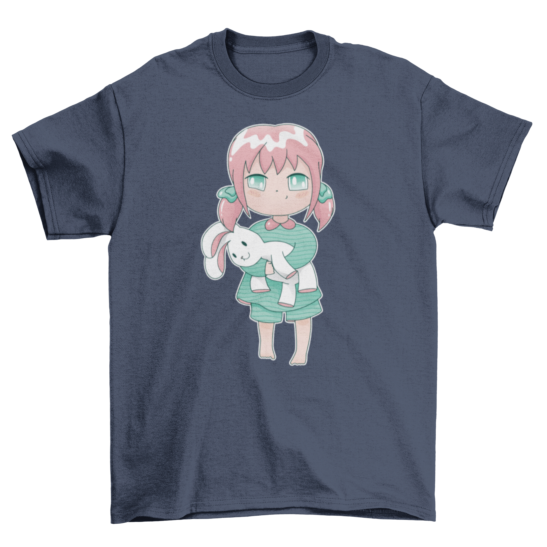 A cute t-shirt featuring an anime girl sleepwalking with a plush rabbit, showcasing a whimsical design.