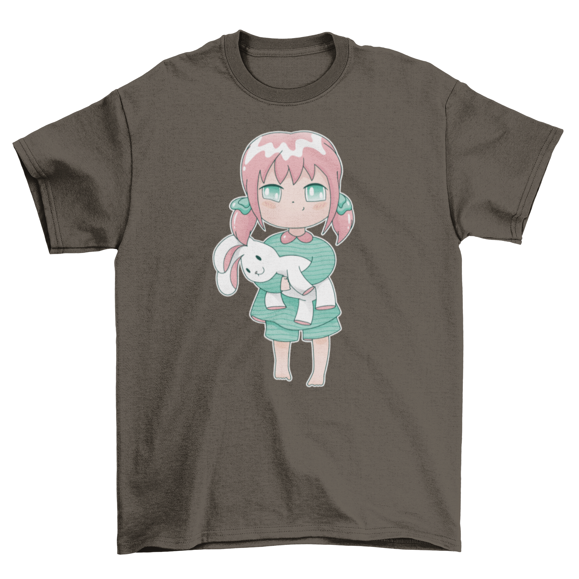 A cute t-shirt featuring an anime girl sleepwalking with a plush rabbit, showcasing a whimsical design.