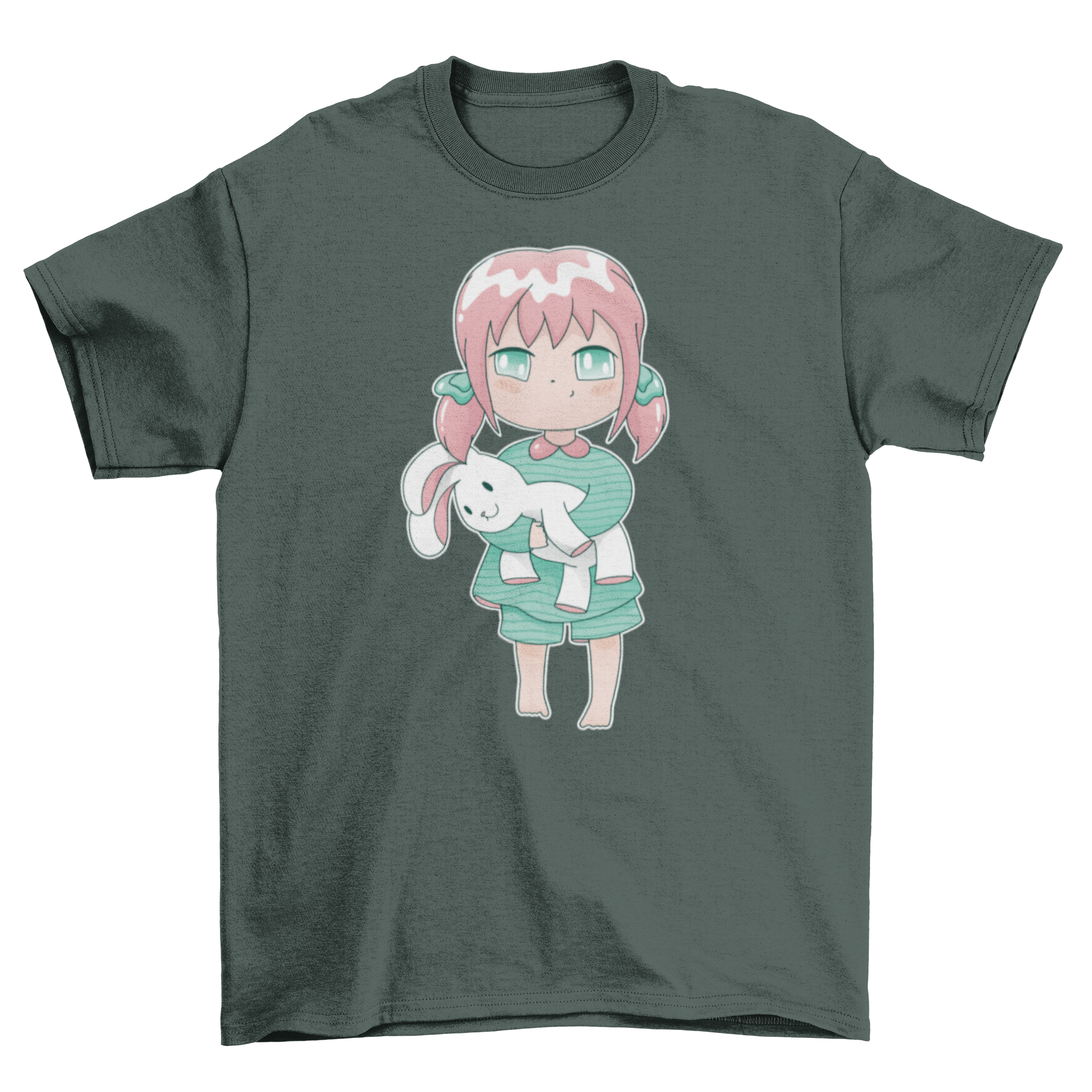 A cute t-shirt featuring an anime girl sleepwalking with a plush rabbit, showcasing a whimsical design.