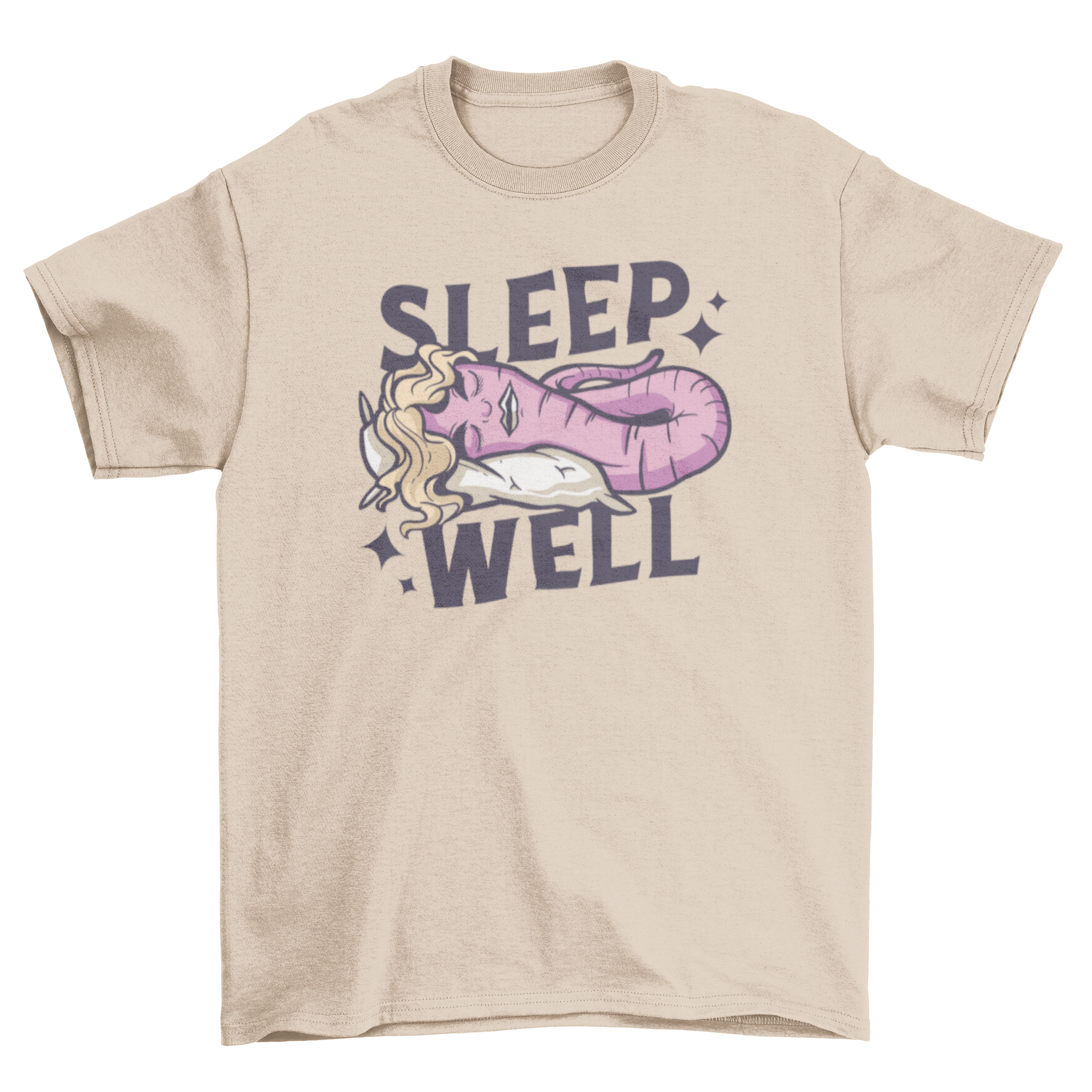 A whimsical t-shirt featuring a sleeping worm with hair and the caption 'Sleep well'.