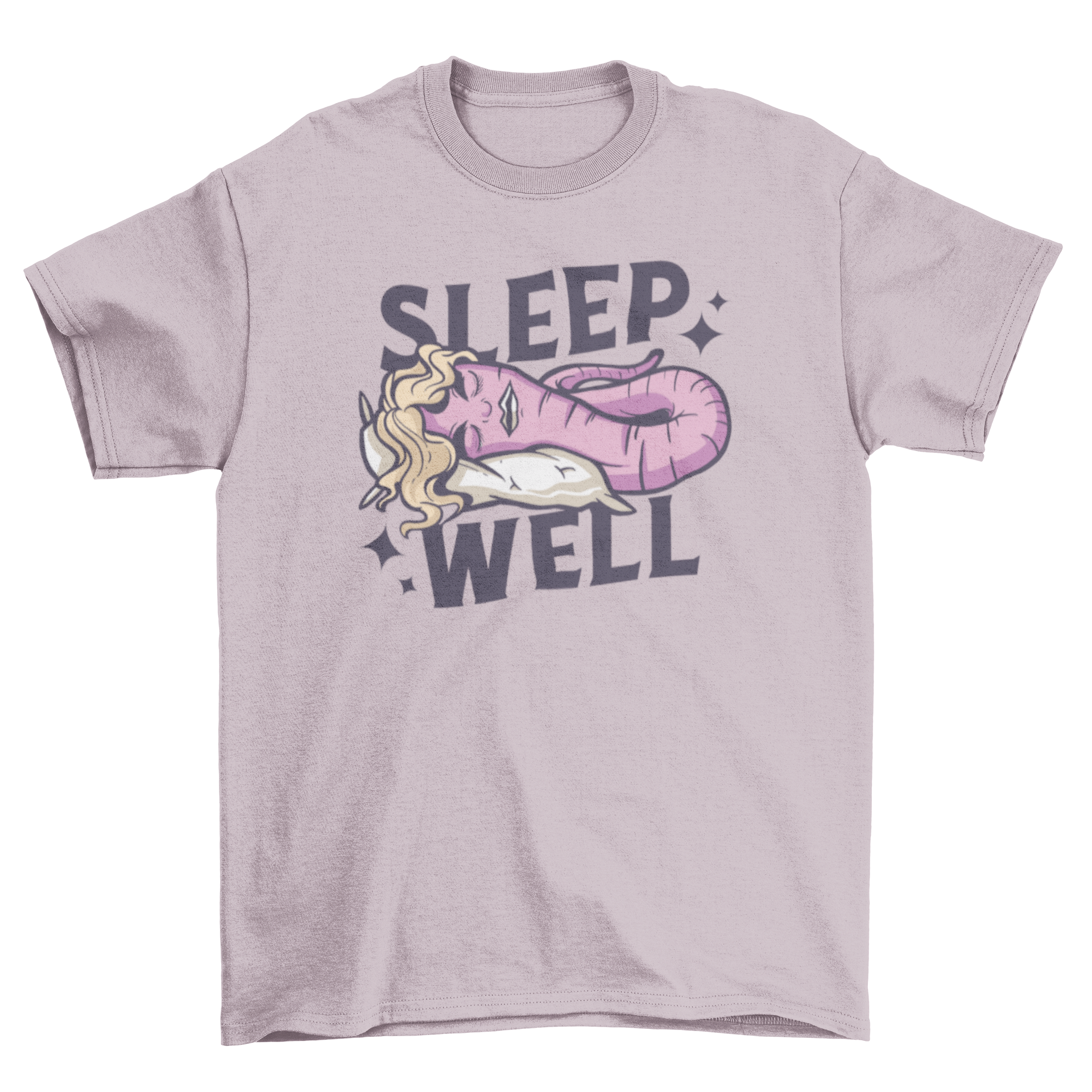 A whimsical t-shirt featuring a sleeping worm with hair and the caption 'Sleep well'.