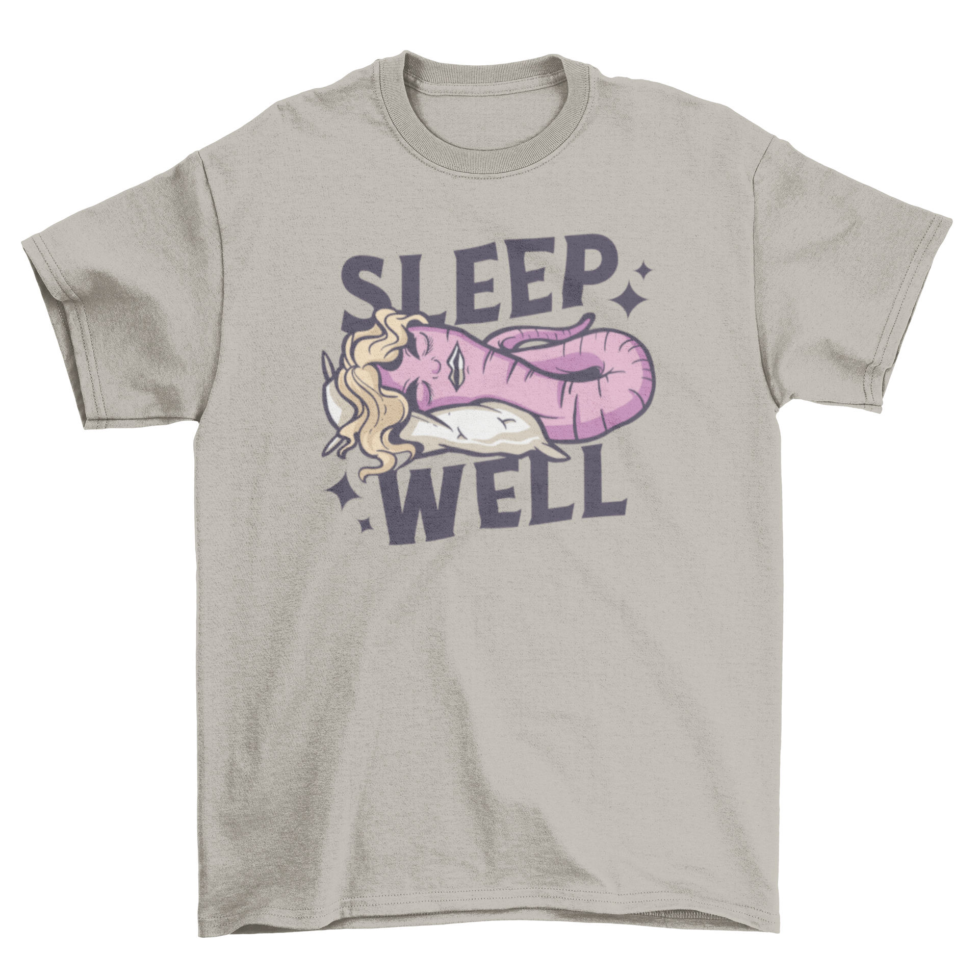 A whimsical t-shirt featuring a sleeping worm with hair and the caption 'Sleep well'.