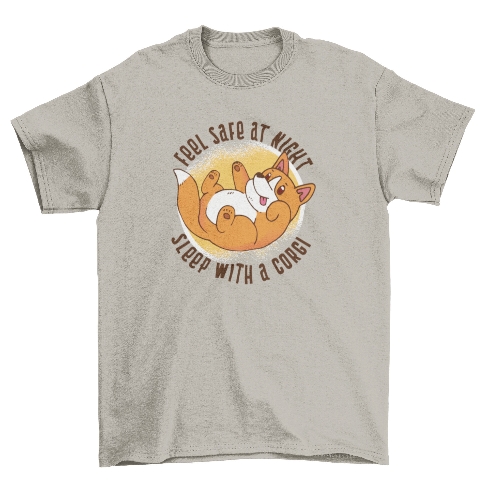 A cute t-shirt featuring a corgi illustration and the text 'Feel Safe at Night Sleep with a Corgi'.