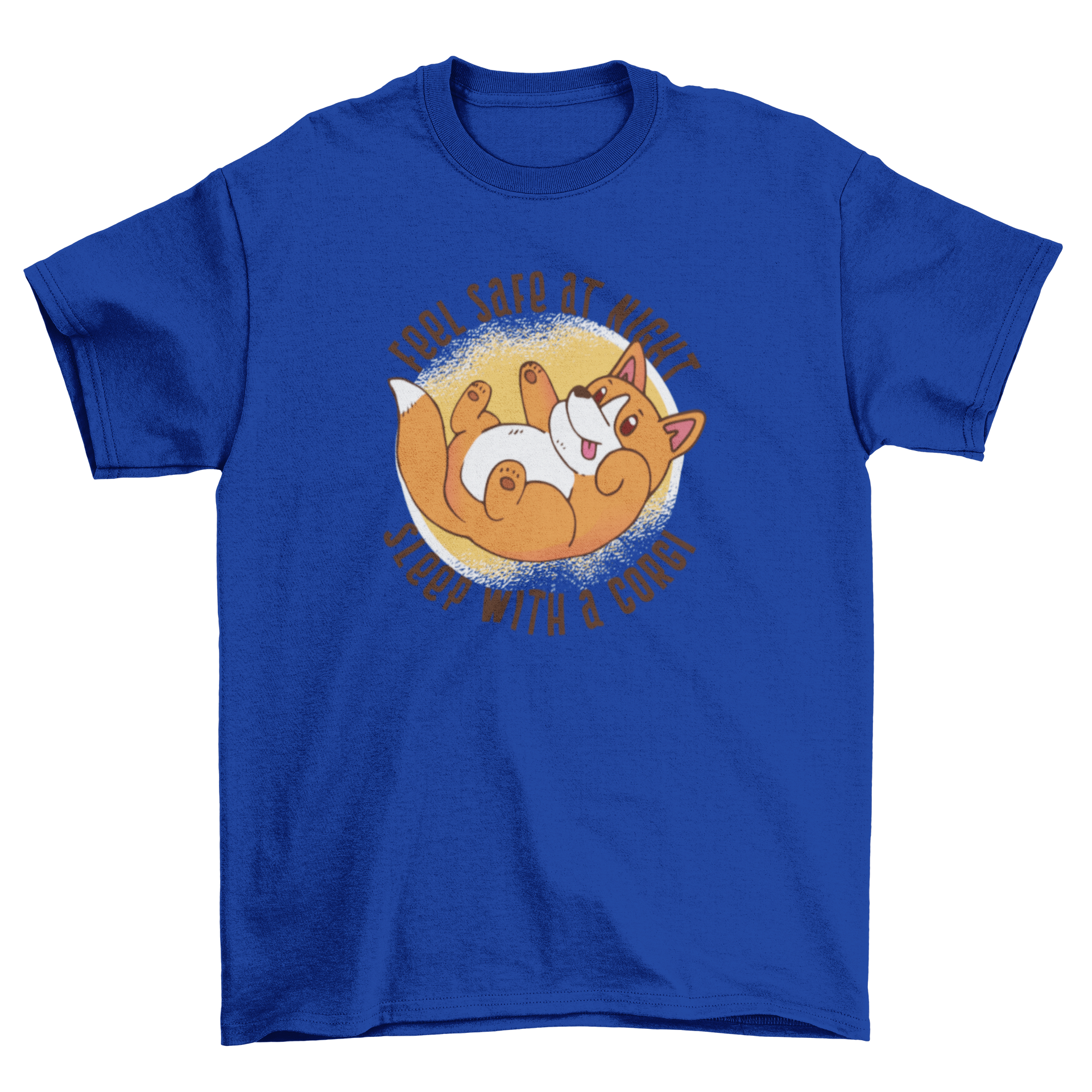 A cute t-shirt featuring a corgi illustration and the text 'Feel Safe at Night Sleep with a Corgi'.