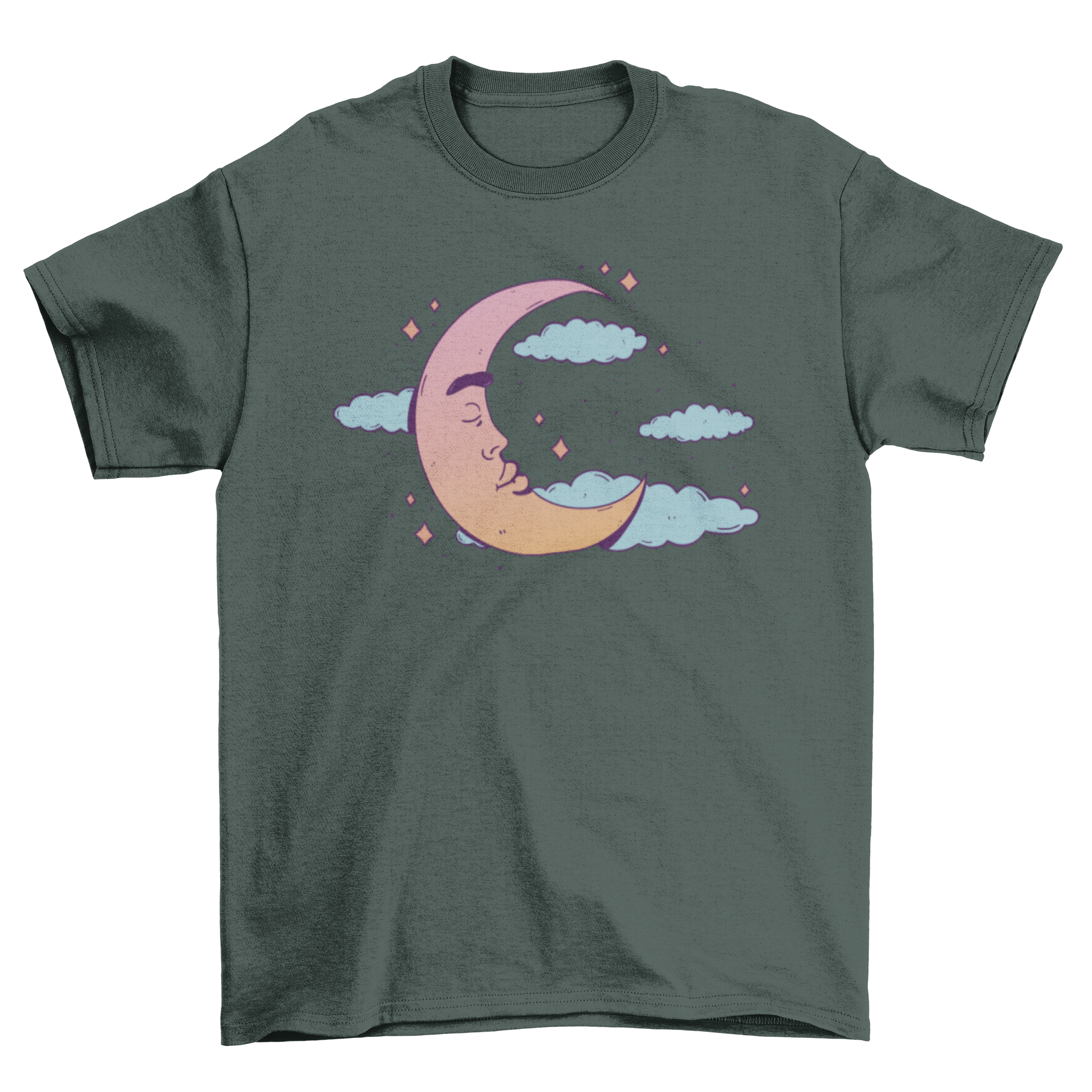 A whimsical t-shirt featuring a sleeping moon with closed eyes, surrounded by fluffy clouds and sparkling stars, perfect for dreamers.