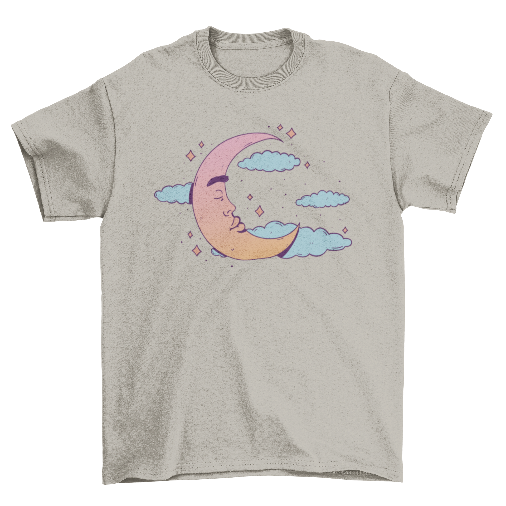 A whimsical t-shirt featuring a sleeping moon with closed eyes, surrounded by fluffy clouds and sparkling stars, perfect for dreamers.