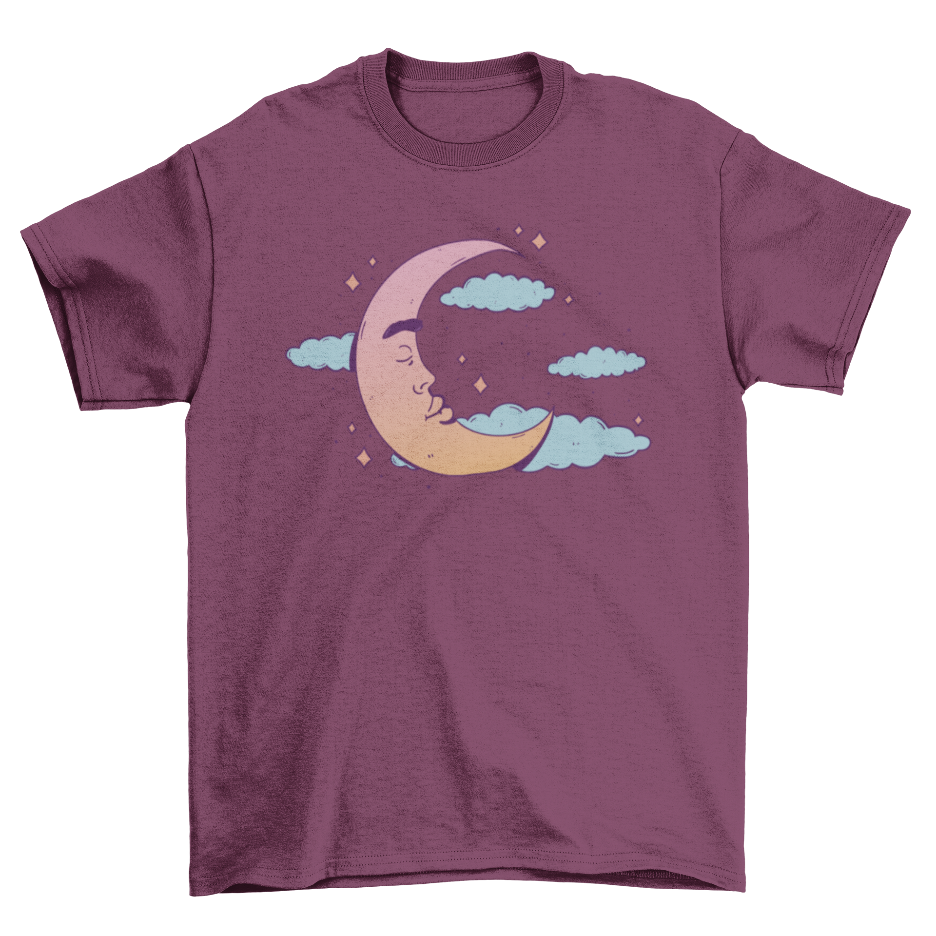 A whimsical t-shirt featuring a sleeping moon with closed eyes, surrounded by fluffy clouds and sparkling stars, perfect for dreamers.