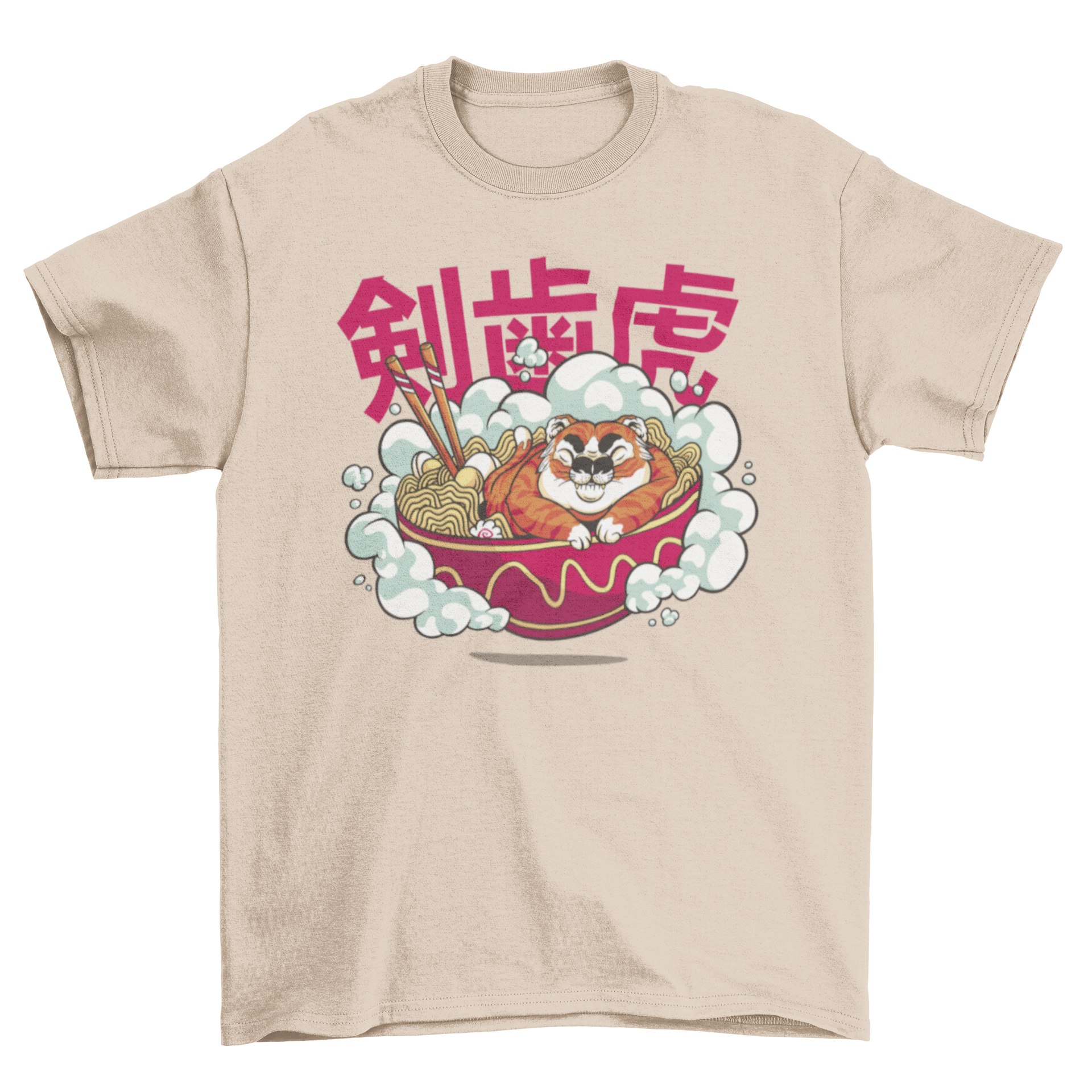 A stylish t-shirt featuring a cute design of a tiger sleeping in a ramen bowl, showcasing Japanese culture.