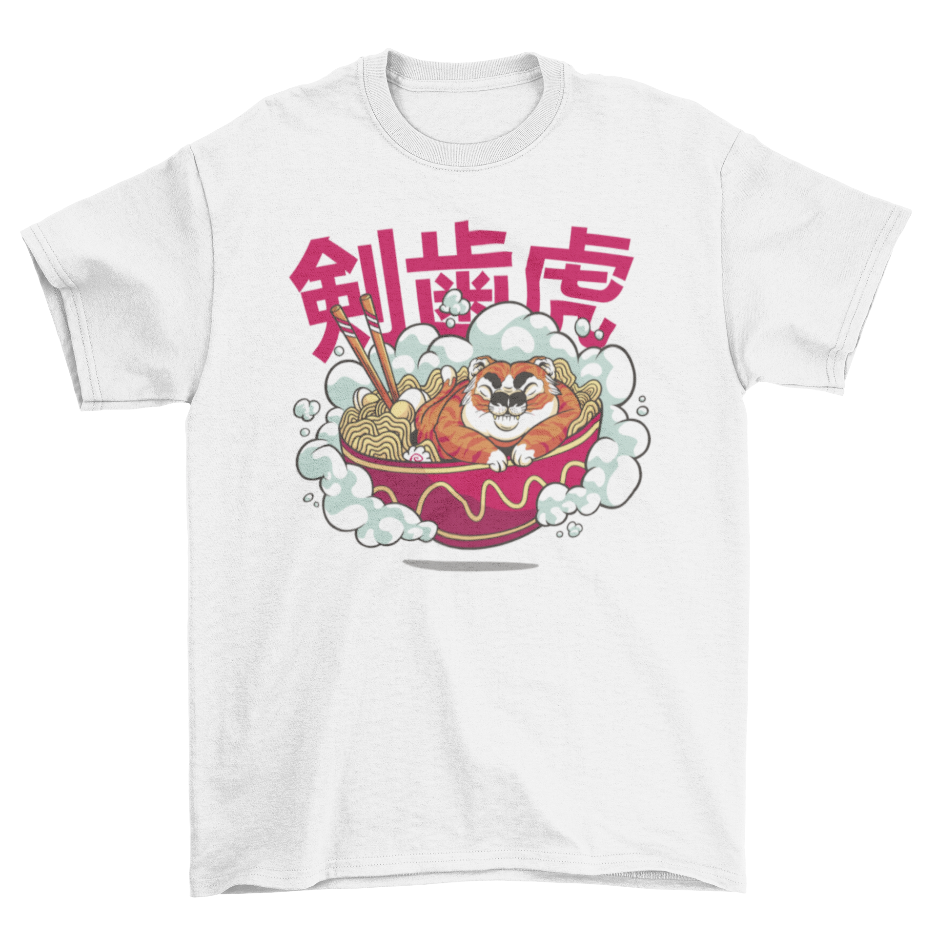 A stylish t-shirt featuring a cute design of a tiger sleeping in a ramen bowl, showcasing Japanese culture.