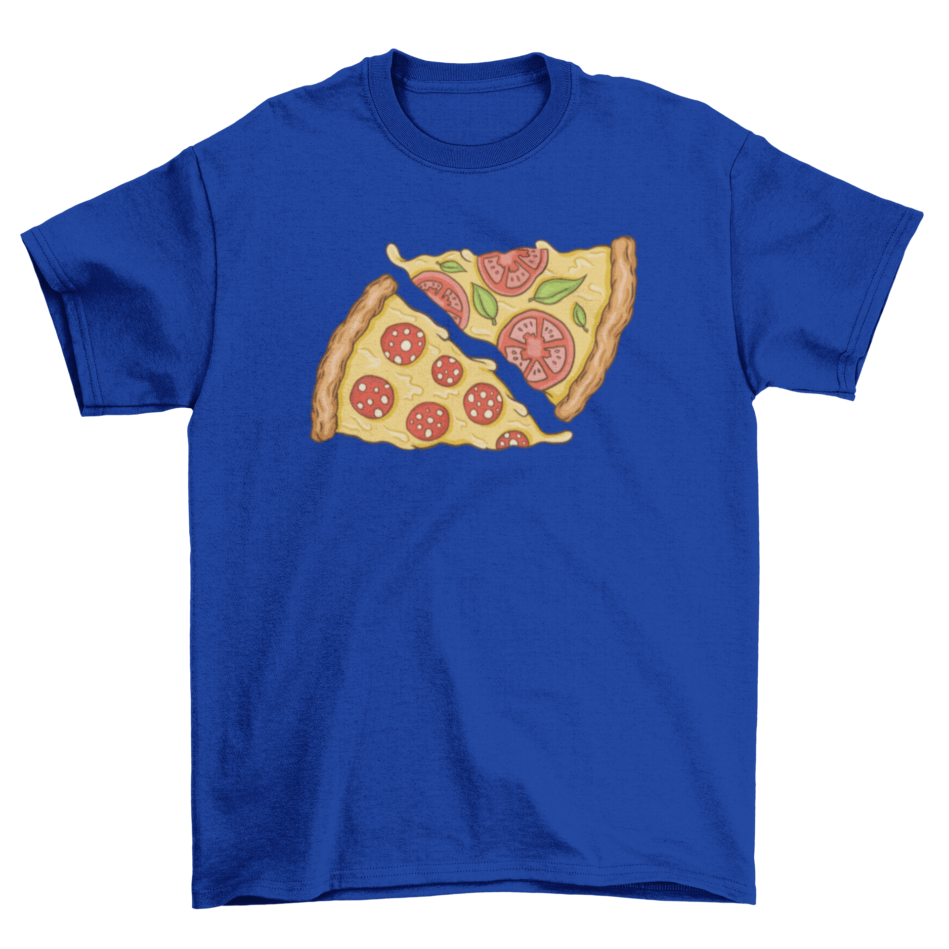 A stylish t-shirt featuring two pizza slices, one with pepperoni and the other with tomato and basil, perfect for pizza lovers.