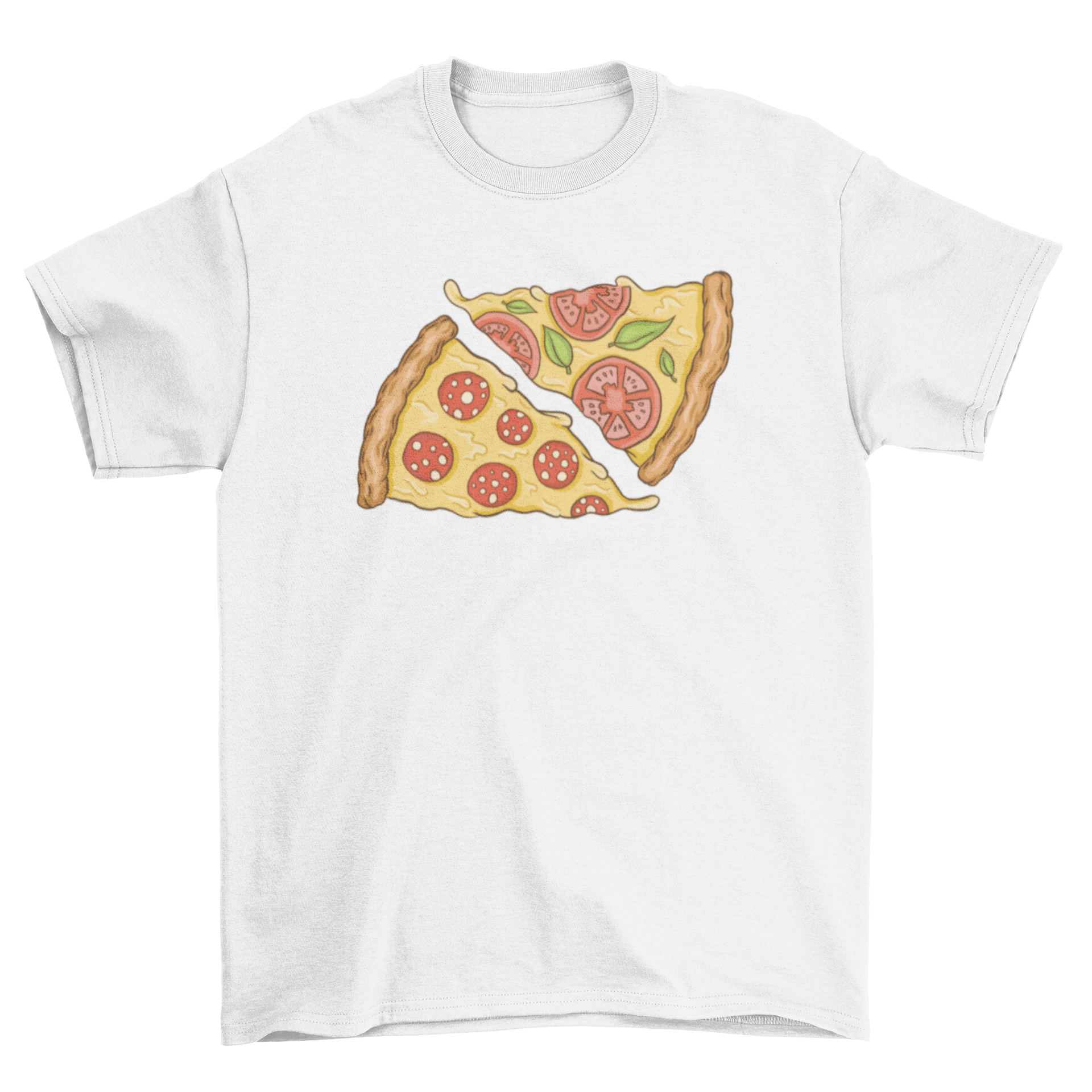 A stylish t-shirt featuring two pizza slices, one with pepperoni and the other with tomato and basil, perfect for pizza lovers.