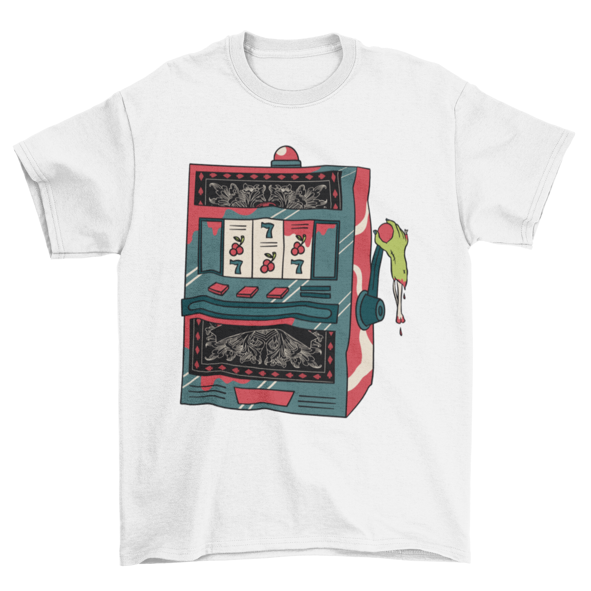 A stylish t-shirt featuring a slot machine graphic with a zombie hand reaching out, perfect for Halloween.