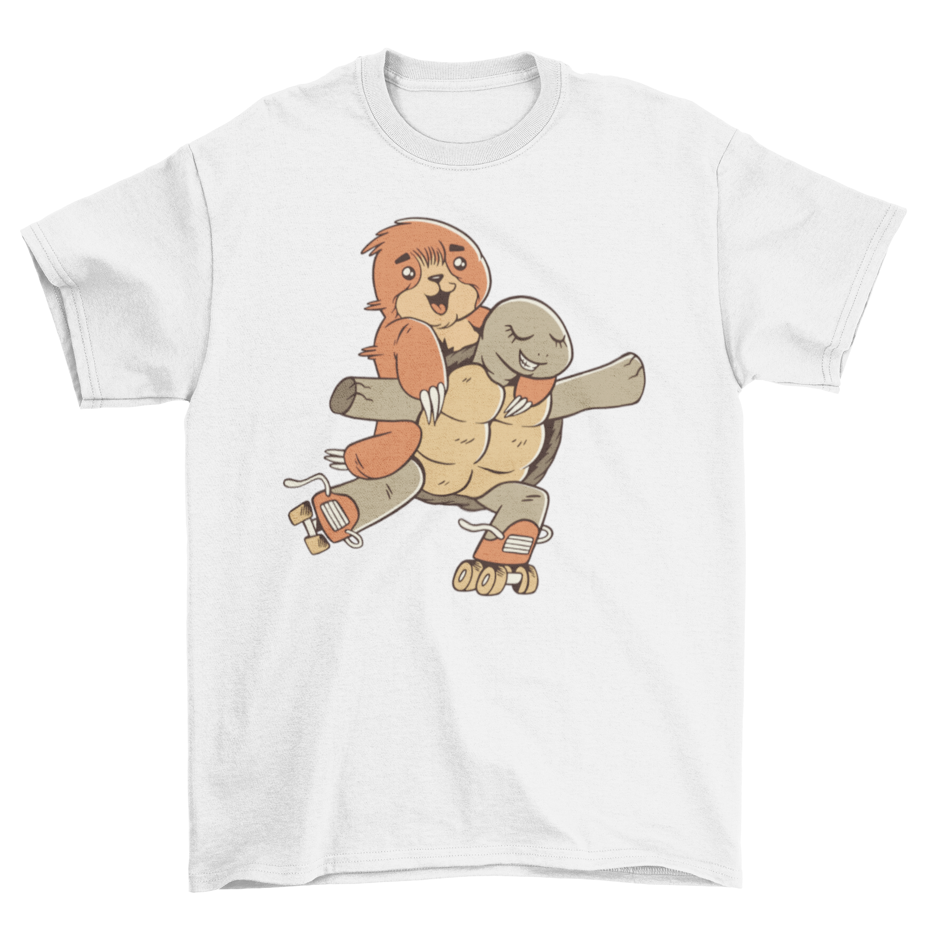 A colorful t-shirt featuring a sloth riding on a turtle while roller skating, showcasing a fun and whimsical design.