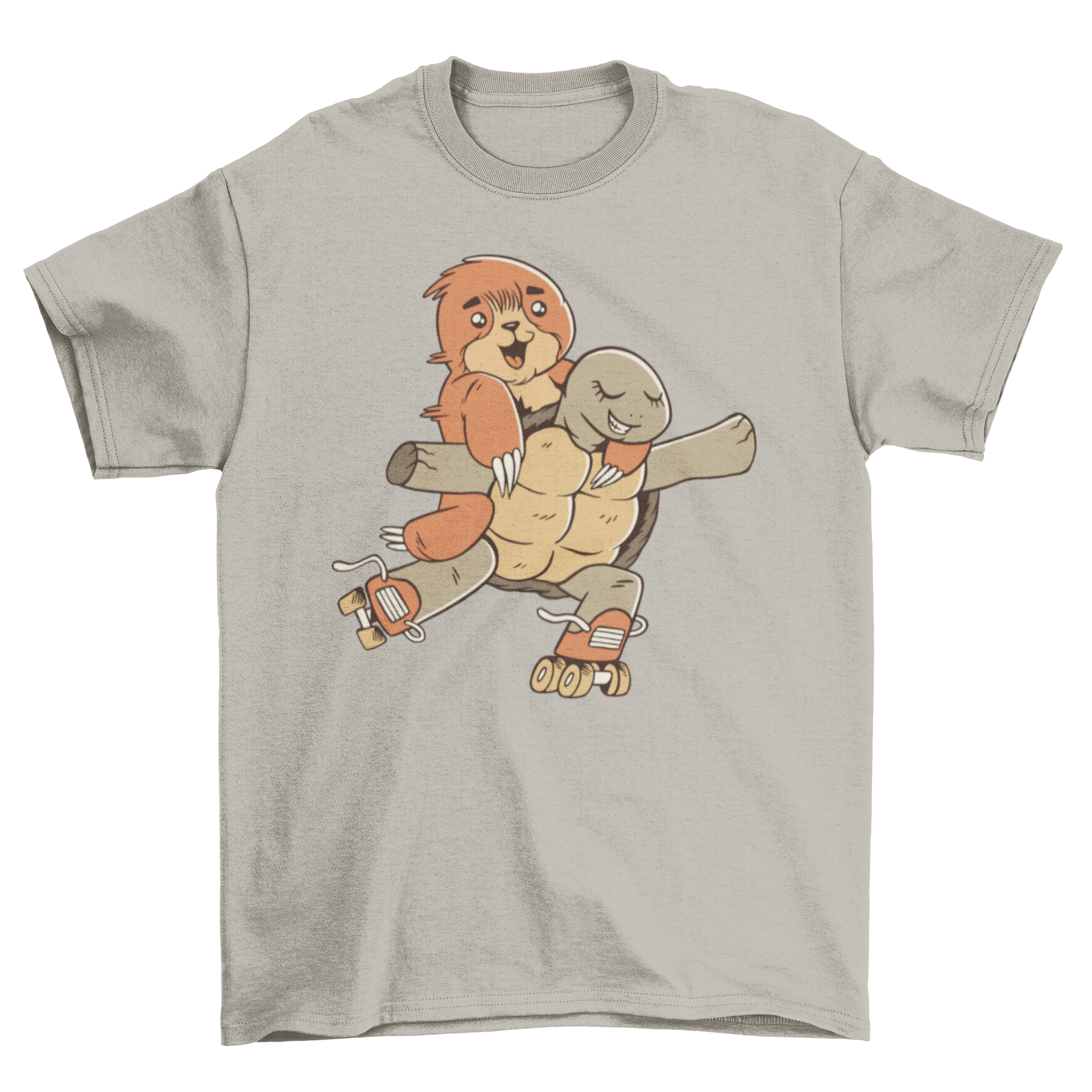 A colorful t-shirt featuring a sloth riding on a turtle while roller skating, showcasing a fun and whimsical design.