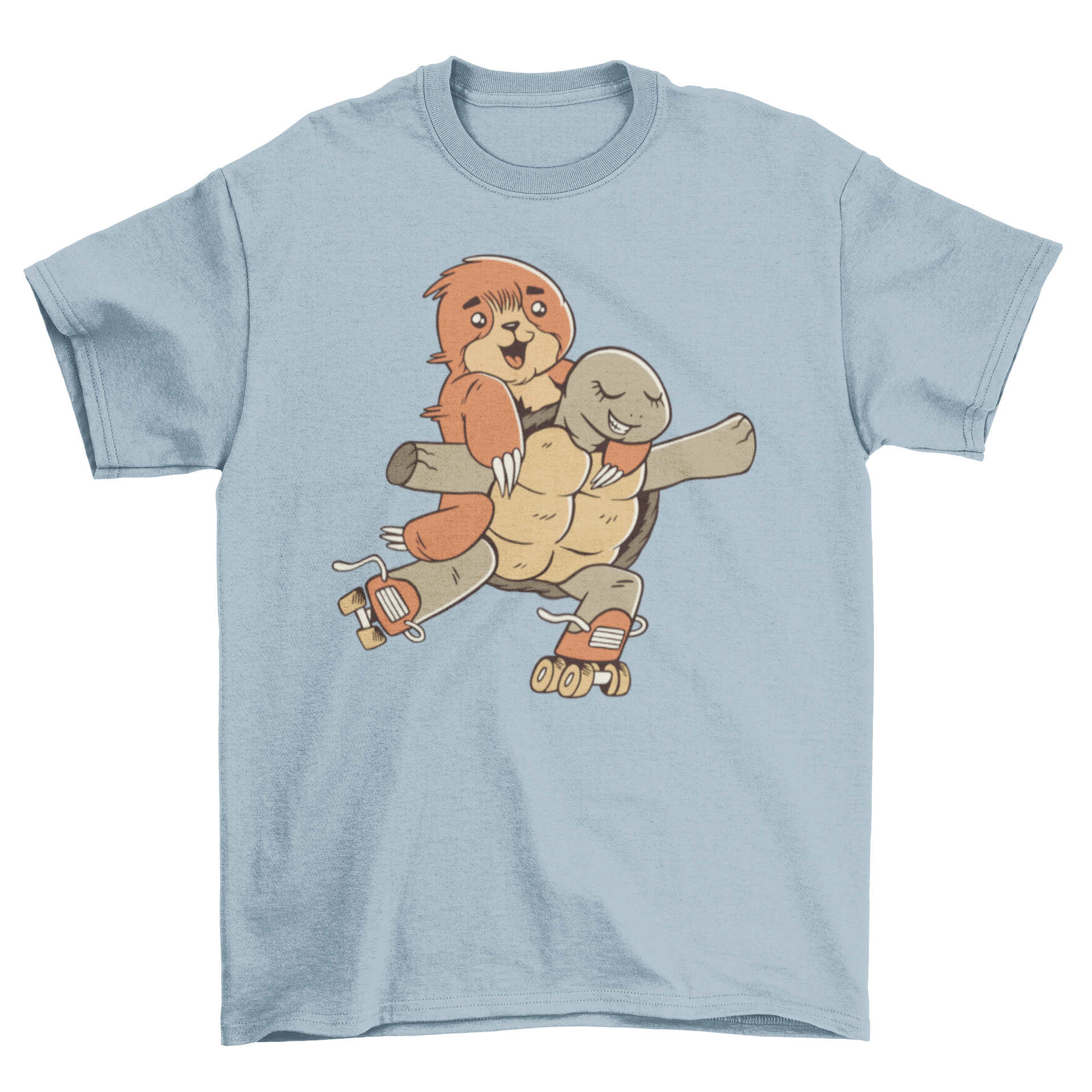 A colorful t-shirt featuring a sloth riding on a turtle while roller skating, showcasing a fun and whimsical design.