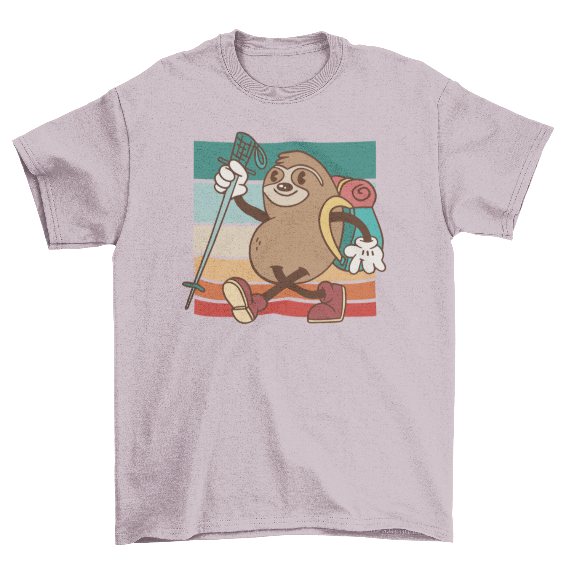 A comfortable t-shirt featuring a playful sloth hiking design, perfect for outdoor enthusiasts.