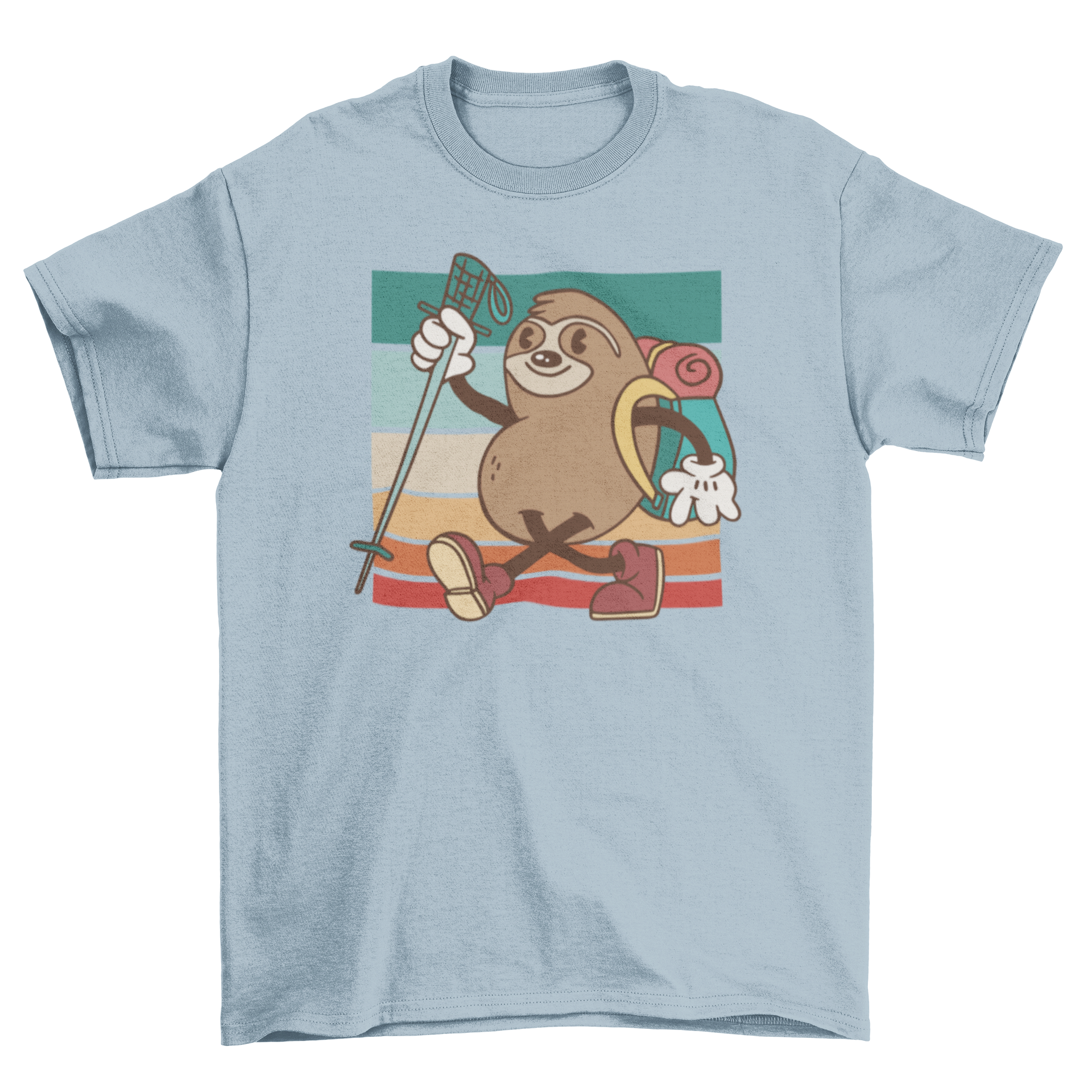 A comfortable t-shirt featuring a playful sloth hiking design, perfect for outdoor enthusiasts.