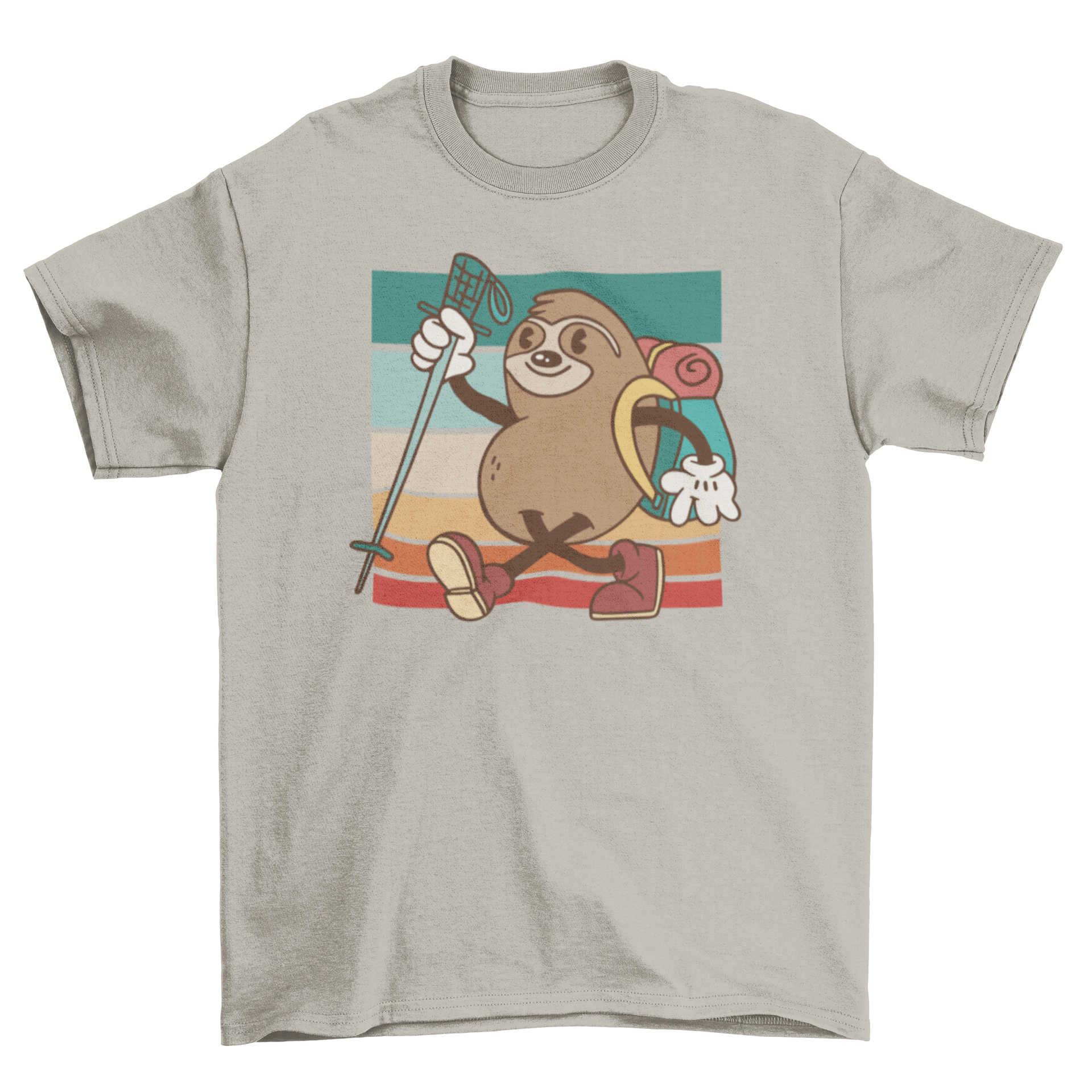 A comfortable t-shirt featuring a playful sloth hiking design, perfect for outdoor enthusiasts.