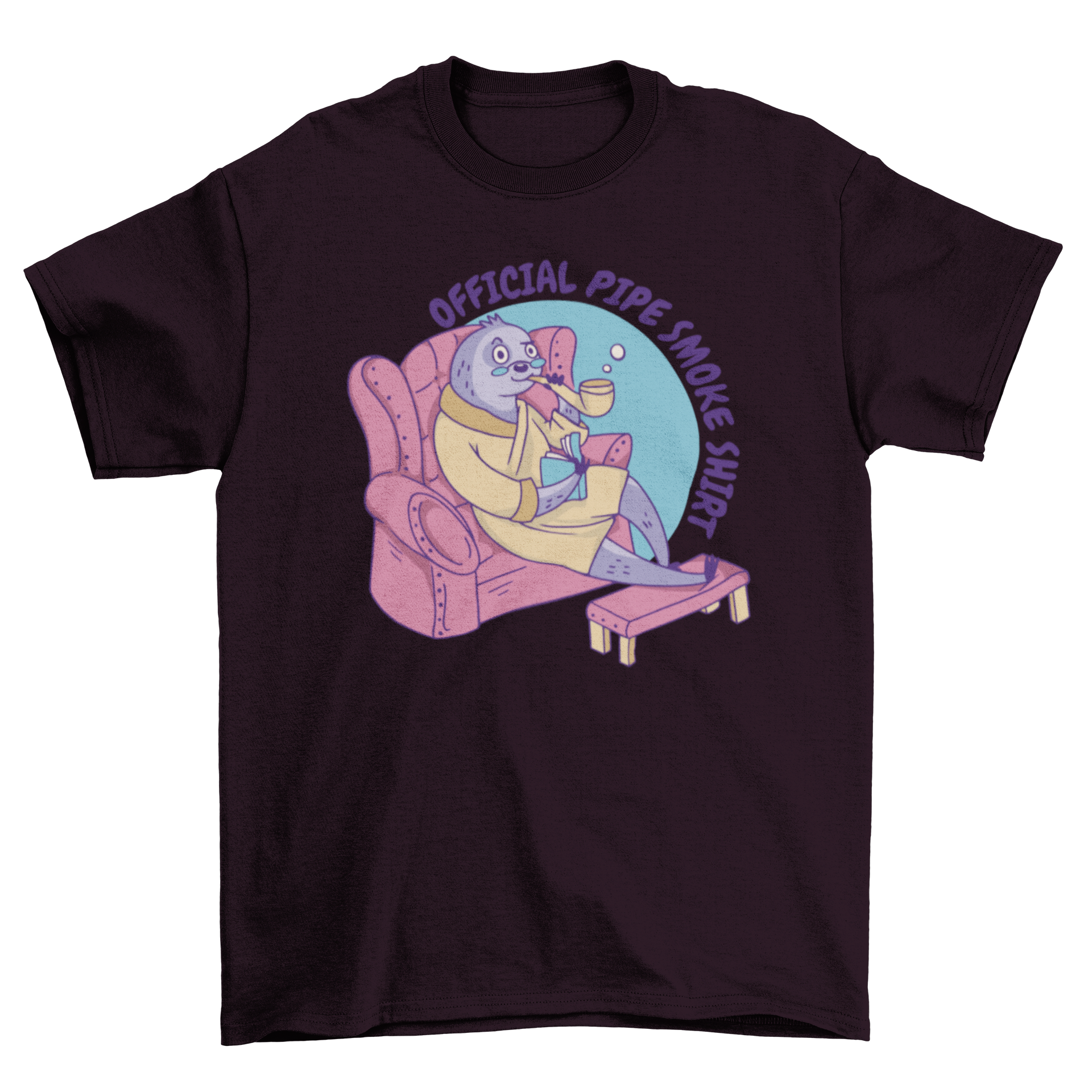 A cozy t-shirt featuring a sloth reading on a couch, with a pipe and the quote 'Offician pipe smoke shirt'.