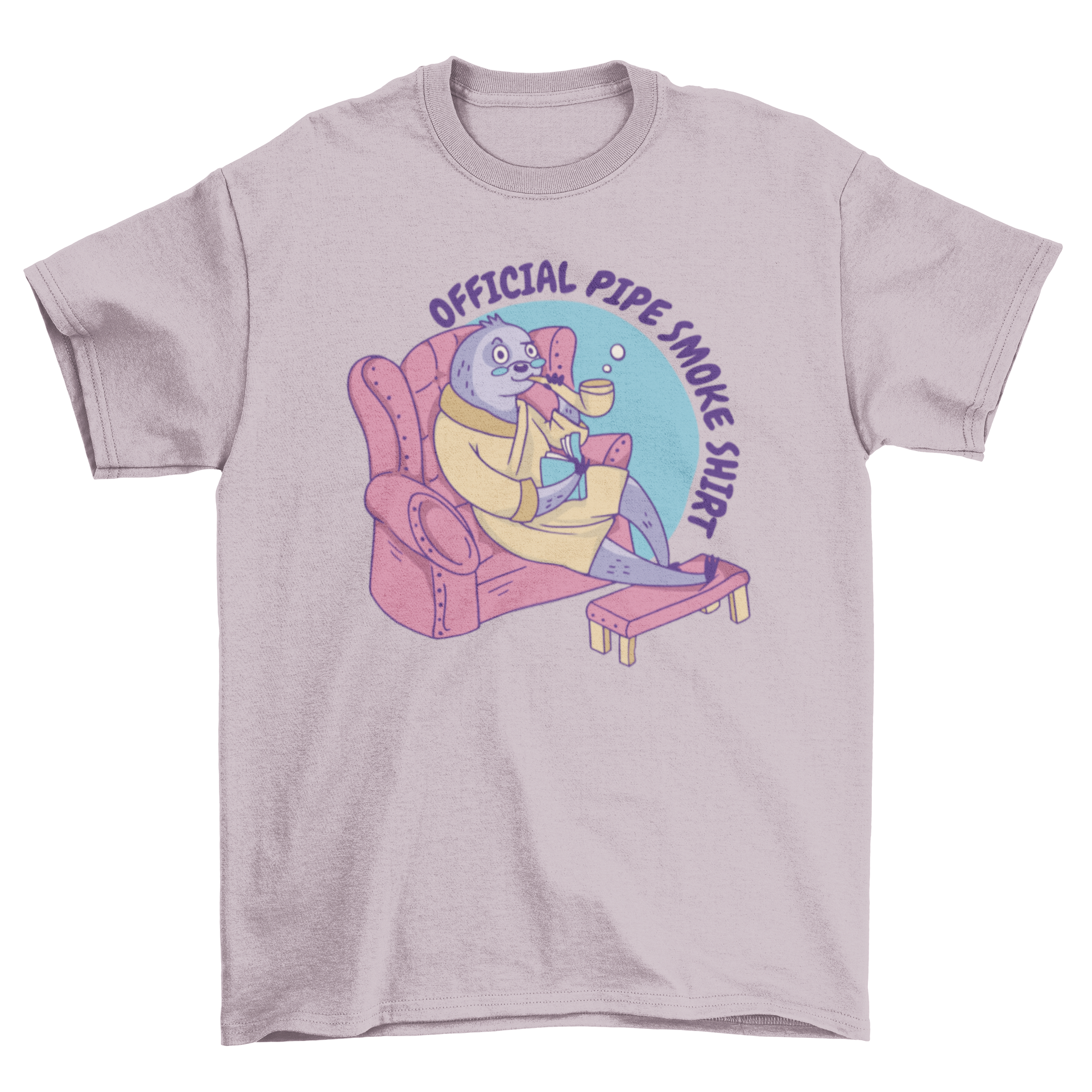 A cozy t-shirt featuring a sloth reading on a couch, with a pipe and the quote 'Offician pipe smoke shirt'.