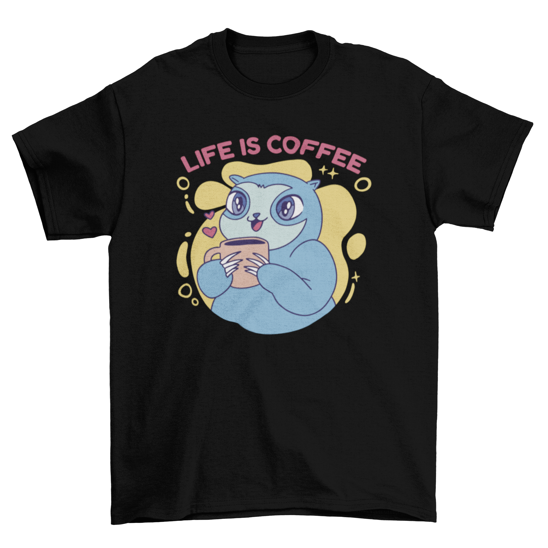 A cute sloth holding a coffee cup with the quote 'Life is coffee' on a t-shirt design.