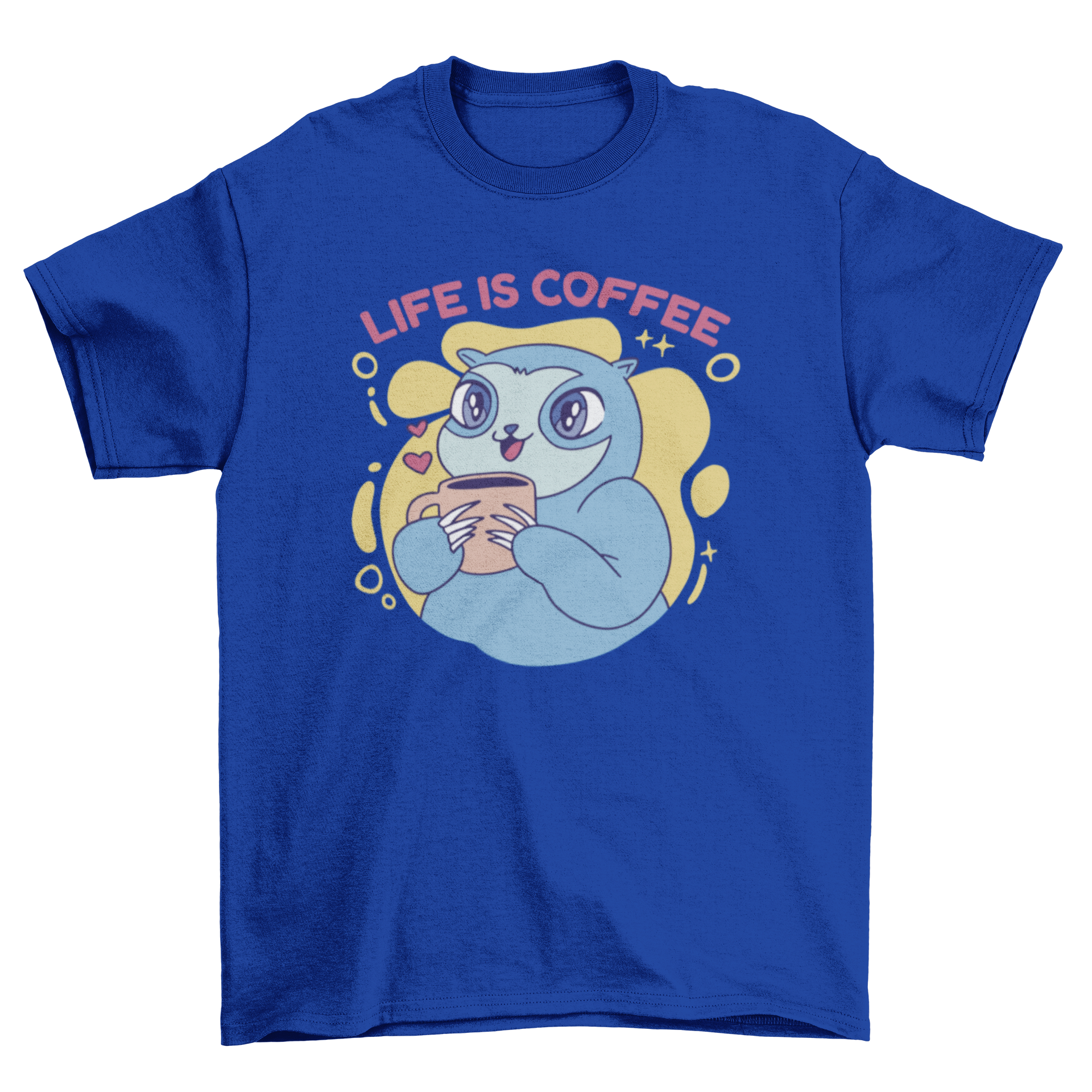 A cute sloth holding a coffee cup with the quote 'Life is coffee' on a t-shirt design.
