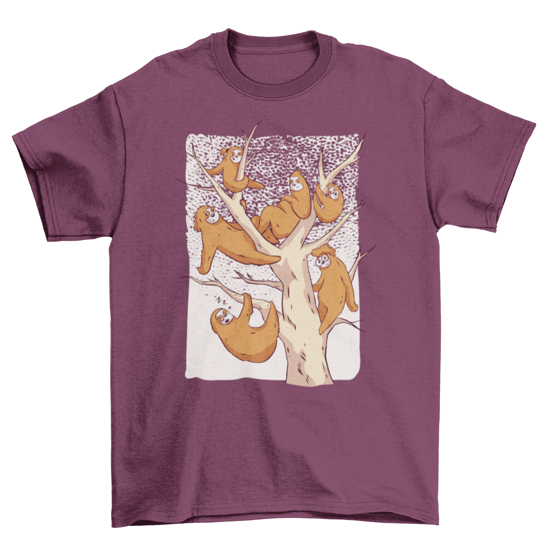 A cute sloth family t-shirt featuring six funny sloths in a tree illustration, perfect for animal lovers.