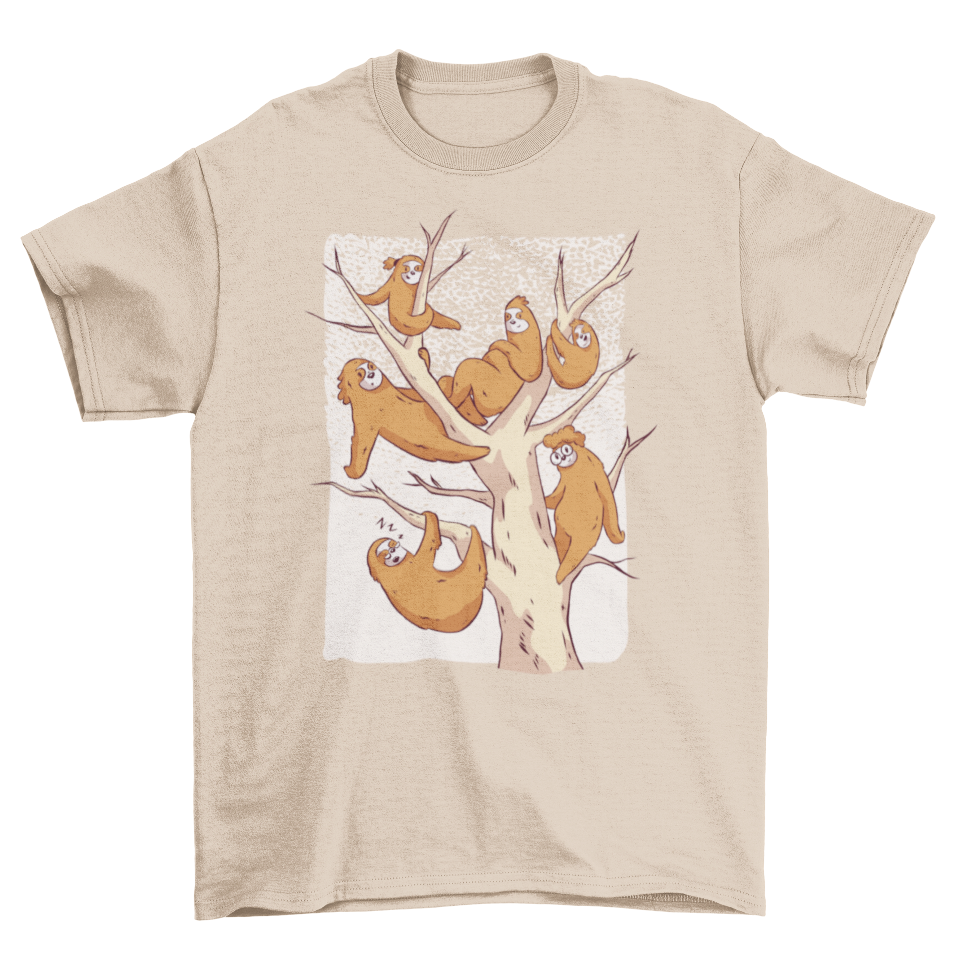 A cute sloth family t-shirt featuring six funny sloths in a tree illustration, perfect for animal lovers.