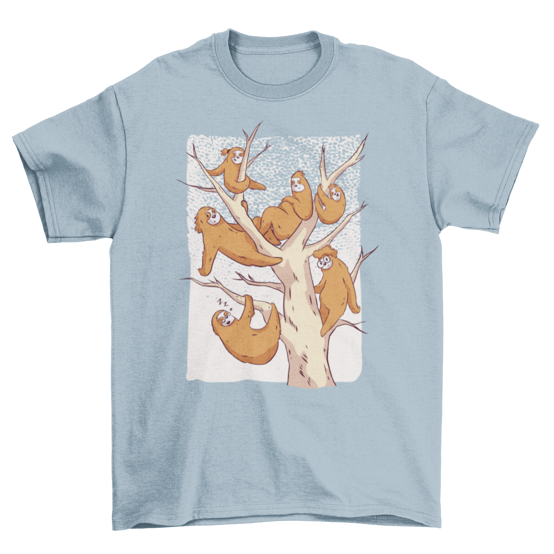 A cute sloth family t-shirt featuring six funny sloths in a tree illustration, perfect for animal lovers.