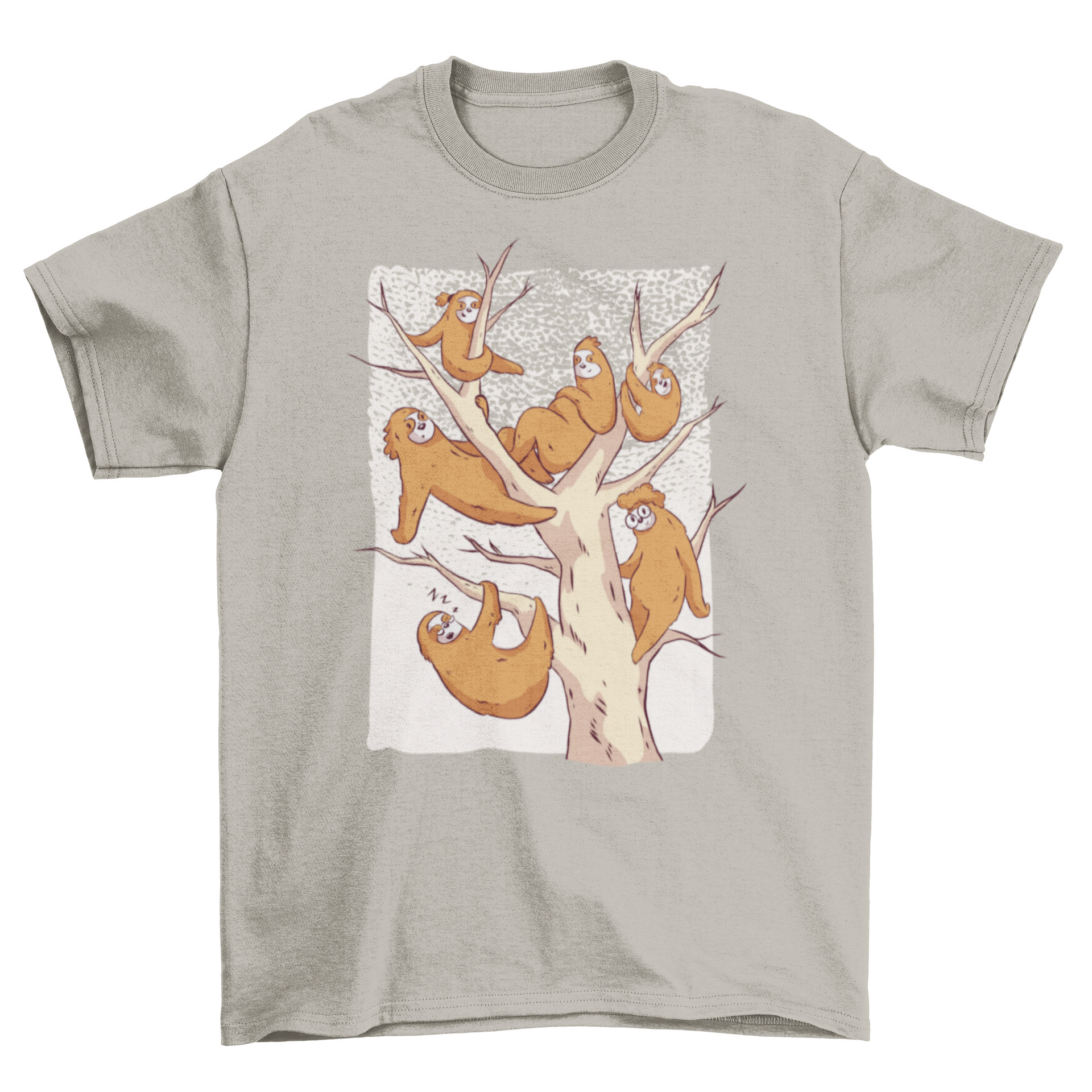 A cute sloth family t-shirt featuring six funny sloths in a tree illustration, perfect for animal lovers.