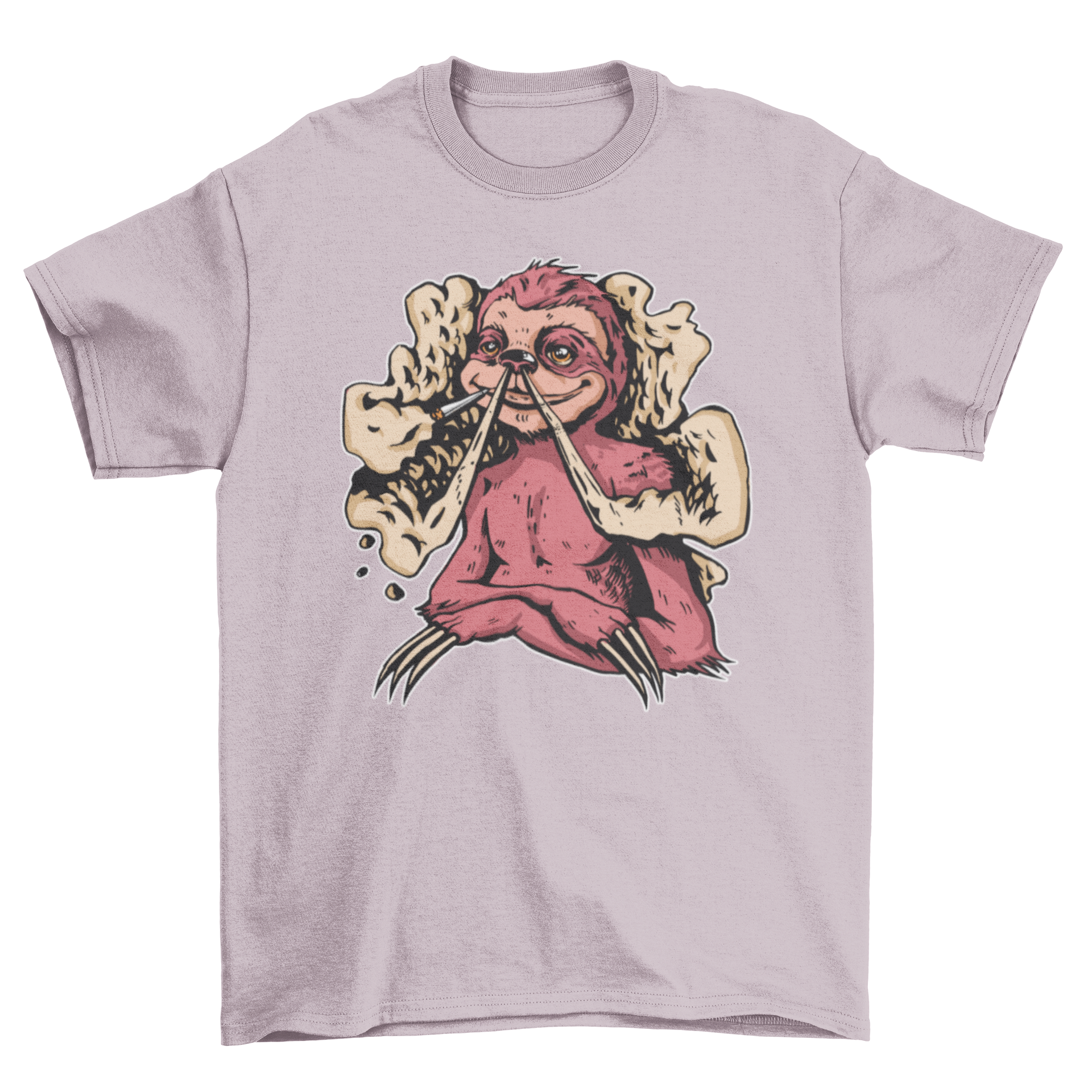 A playful t-shirt featuring a sloth smoking marijuana, showcasing a fun and relaxed design.
