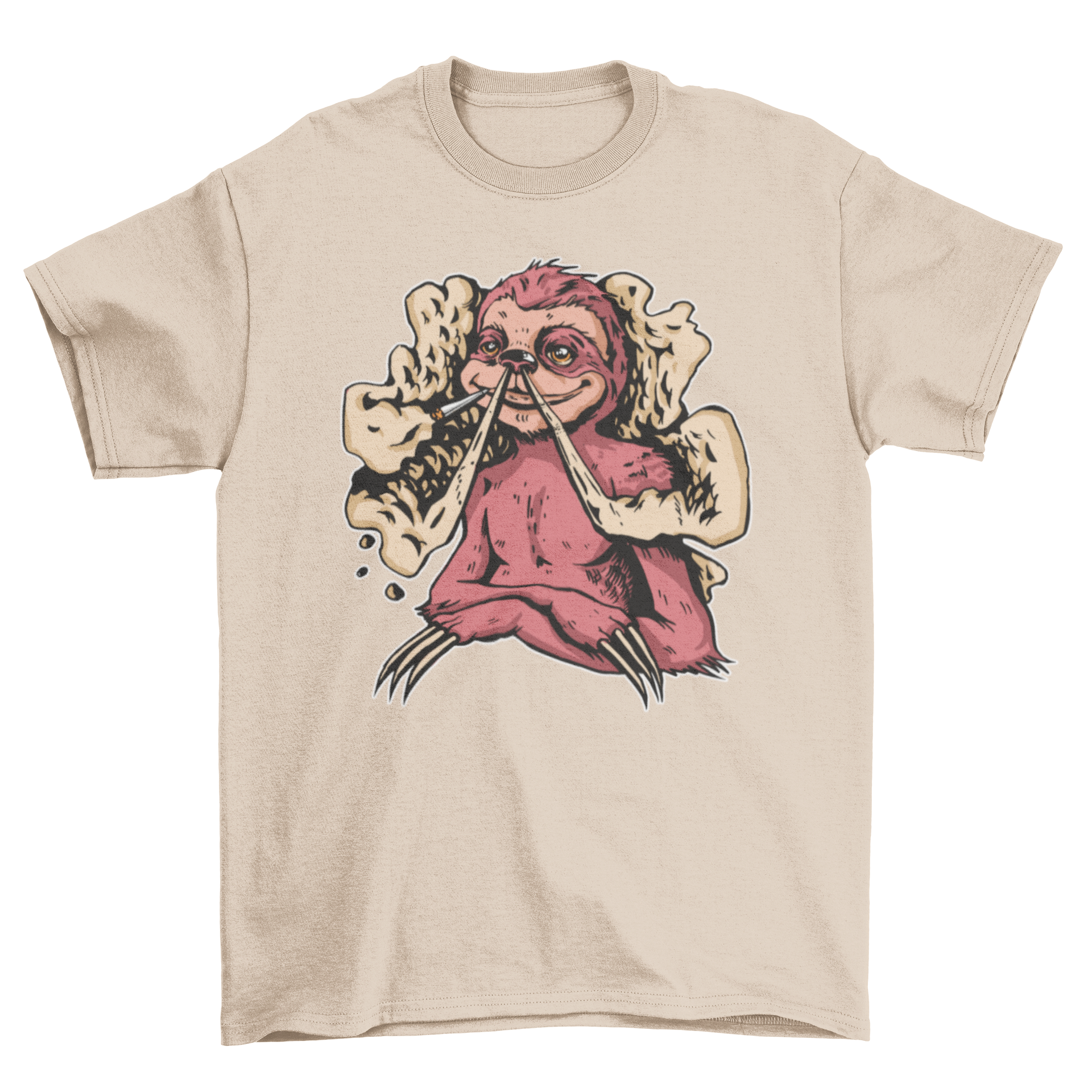 A playful t-shirt featuring a sloth smoking marijuana, showcasing a fun and relaxed design.
