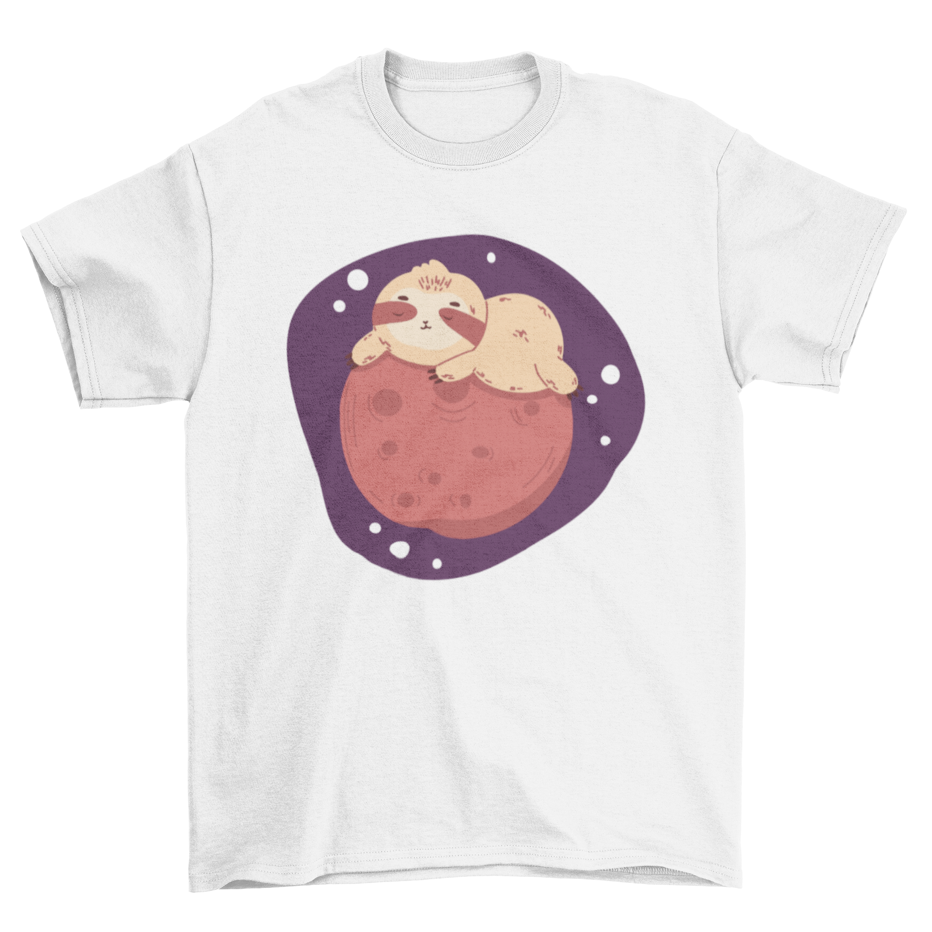 A whimsical T-shirt design featuring a sloth sleeping on the planet Mars, showcasing vibrant colors and a playful theme.