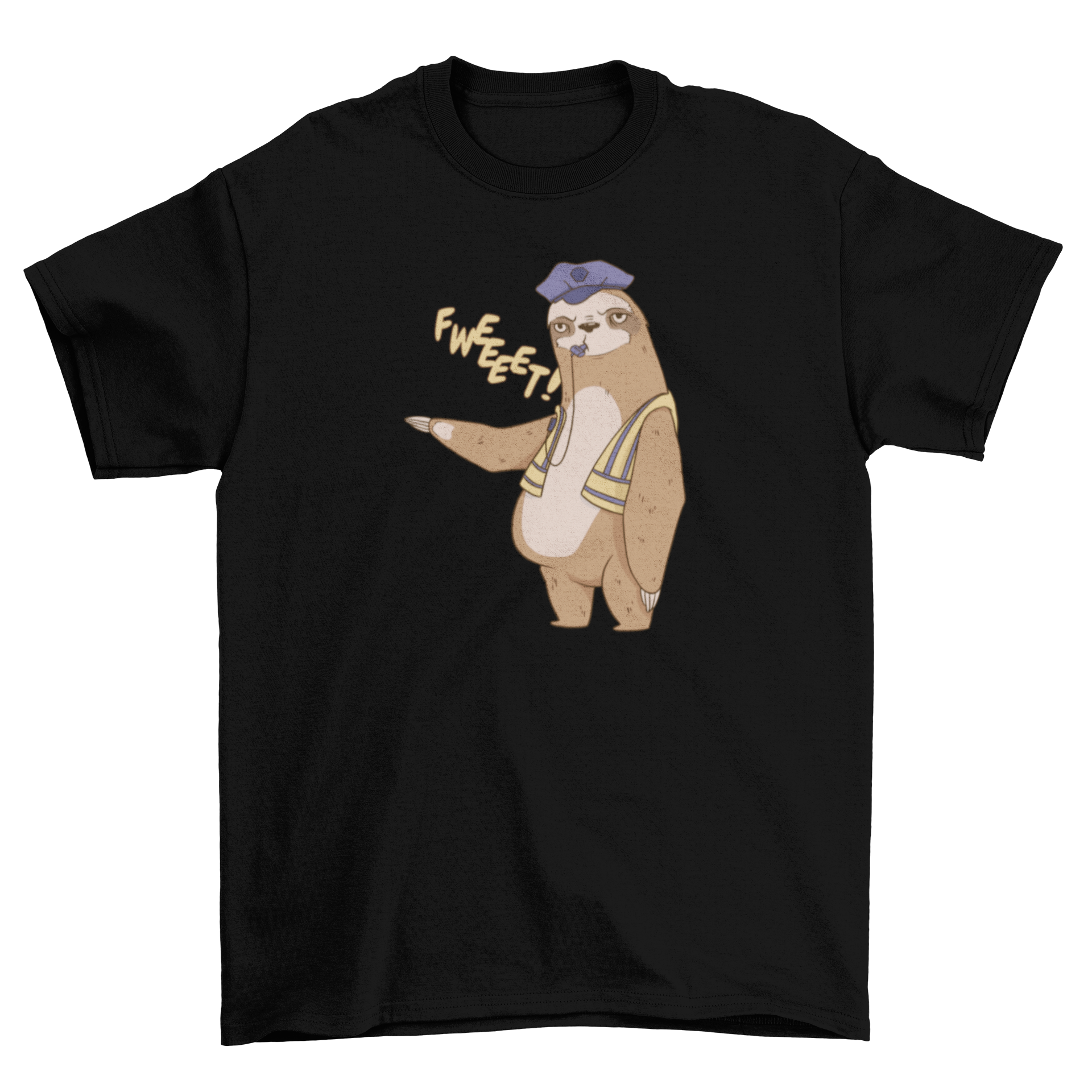 A playful t-shirt featuring a sloth in a traffic cop uniform, blowing a whistle.