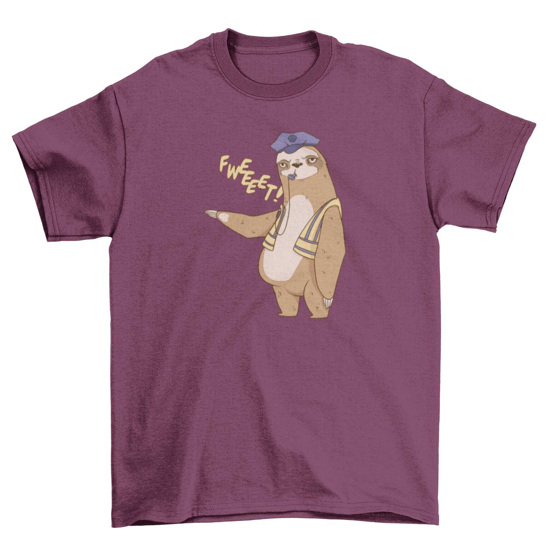 A playful t-shirt featuring a sloth in a traffic cop uniform, blowing a whistle.