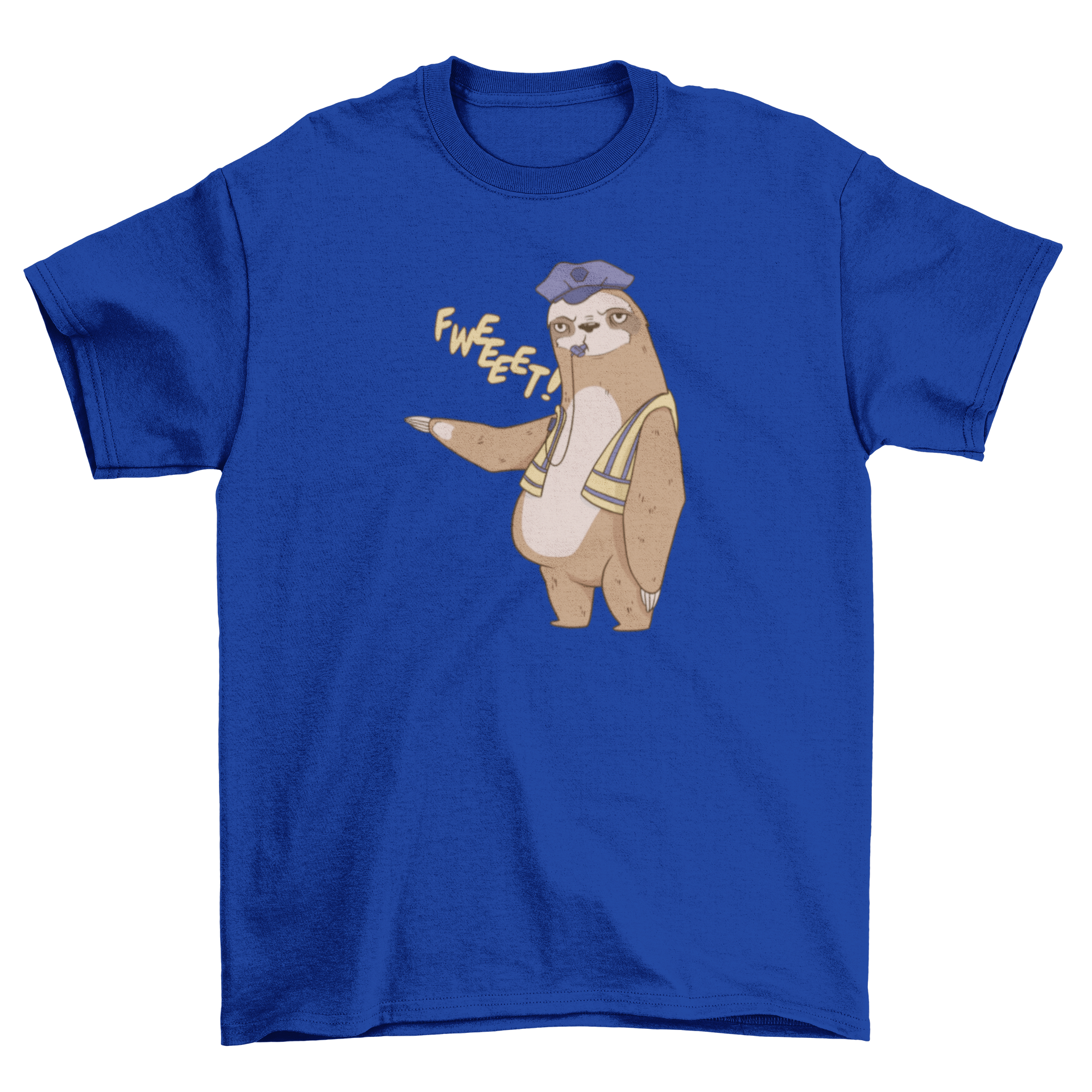 A playful t-shirt featuring a sloth in a traffic cop uniform, blowing a whistle.