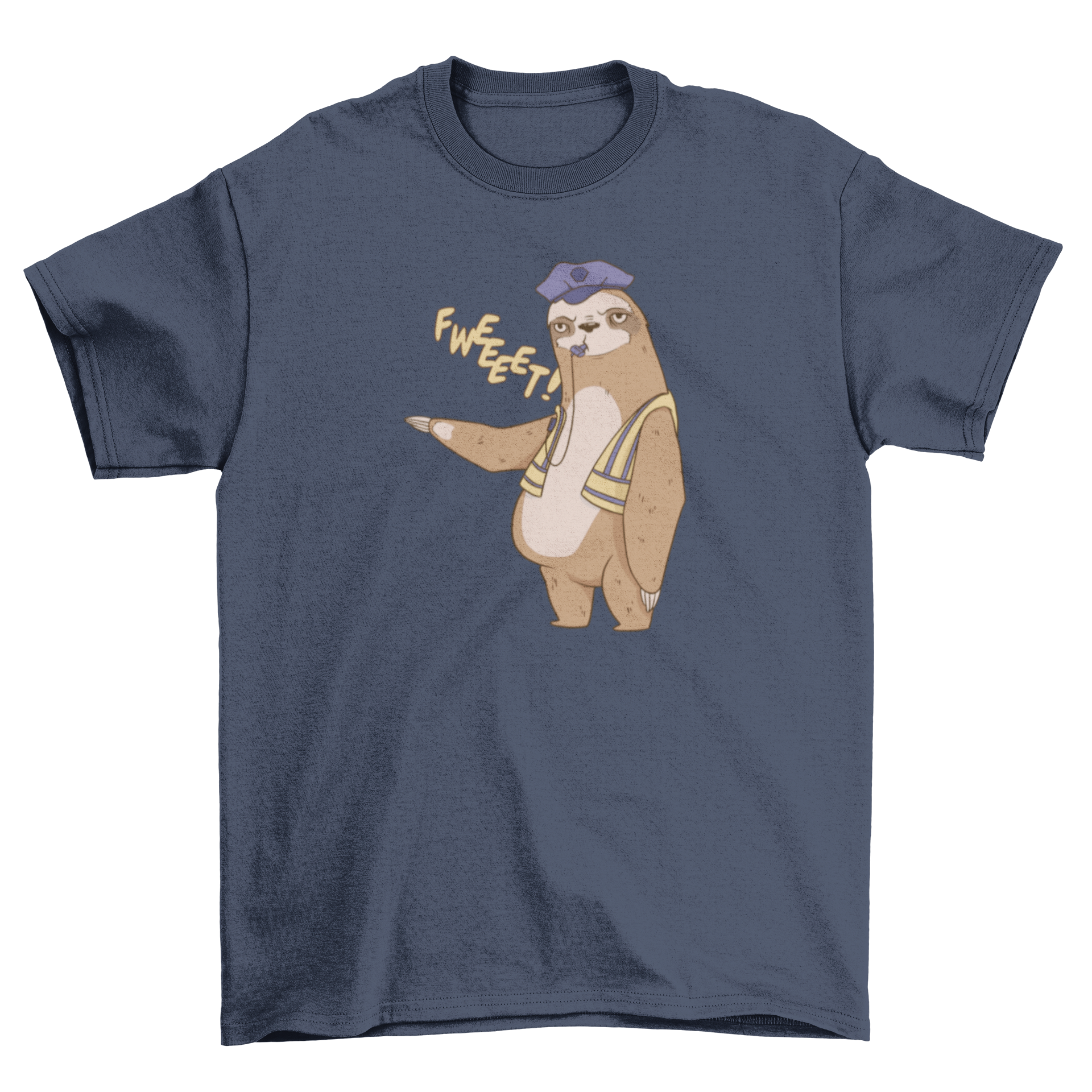 A playful t-shirt featuring a sloth in a traffic cop uniform, blowing a whistle.