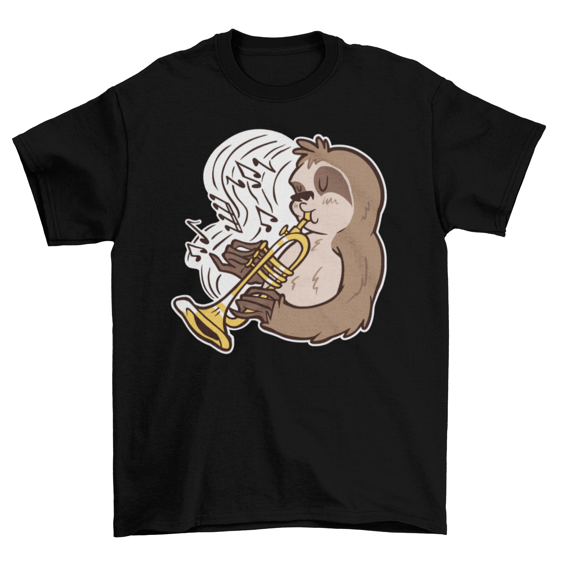 Cartoon t-shirt featuring a sloth playing trumpet with musical notes.