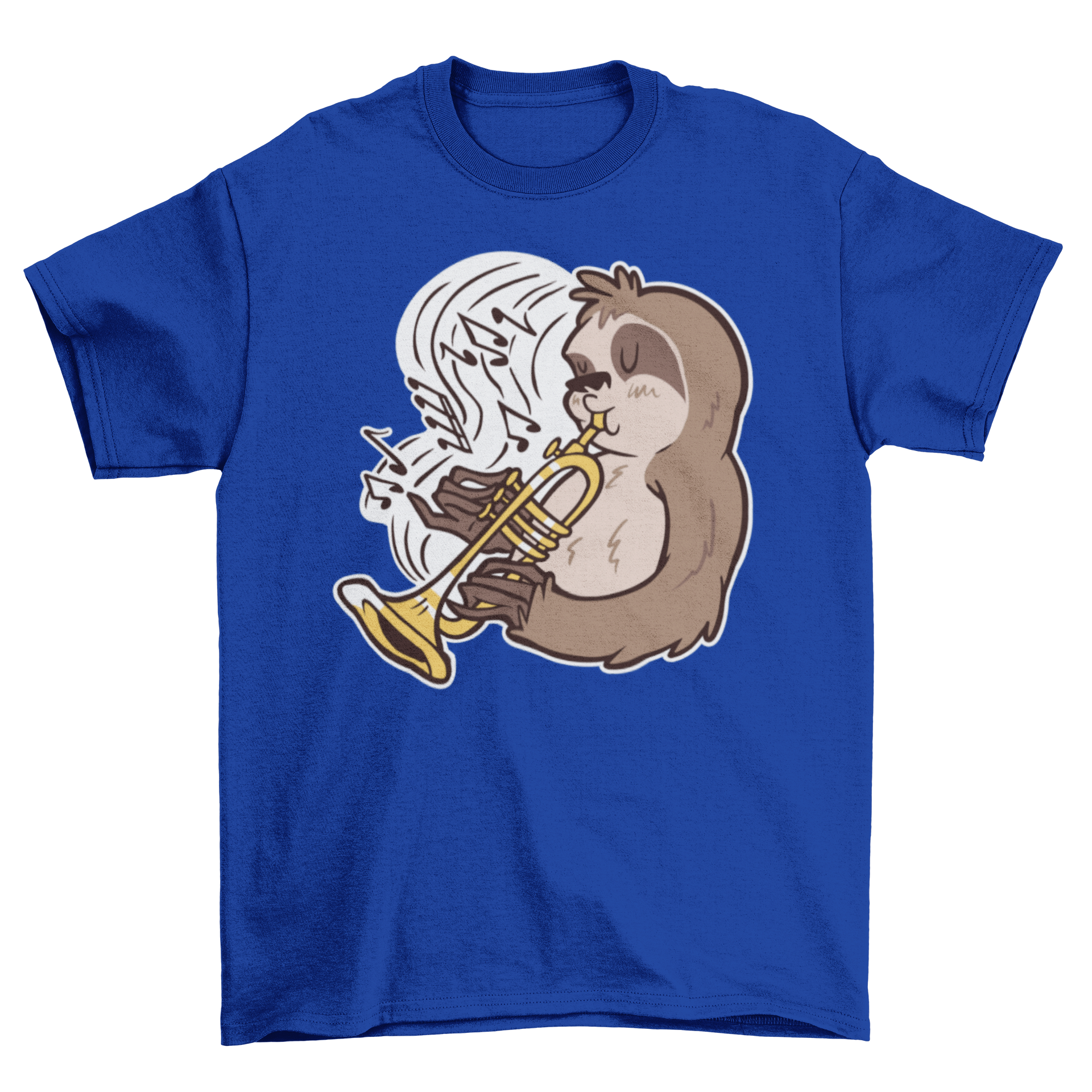 Cartoon t-shirt featuring a sloth playing trumpet with musical notes.